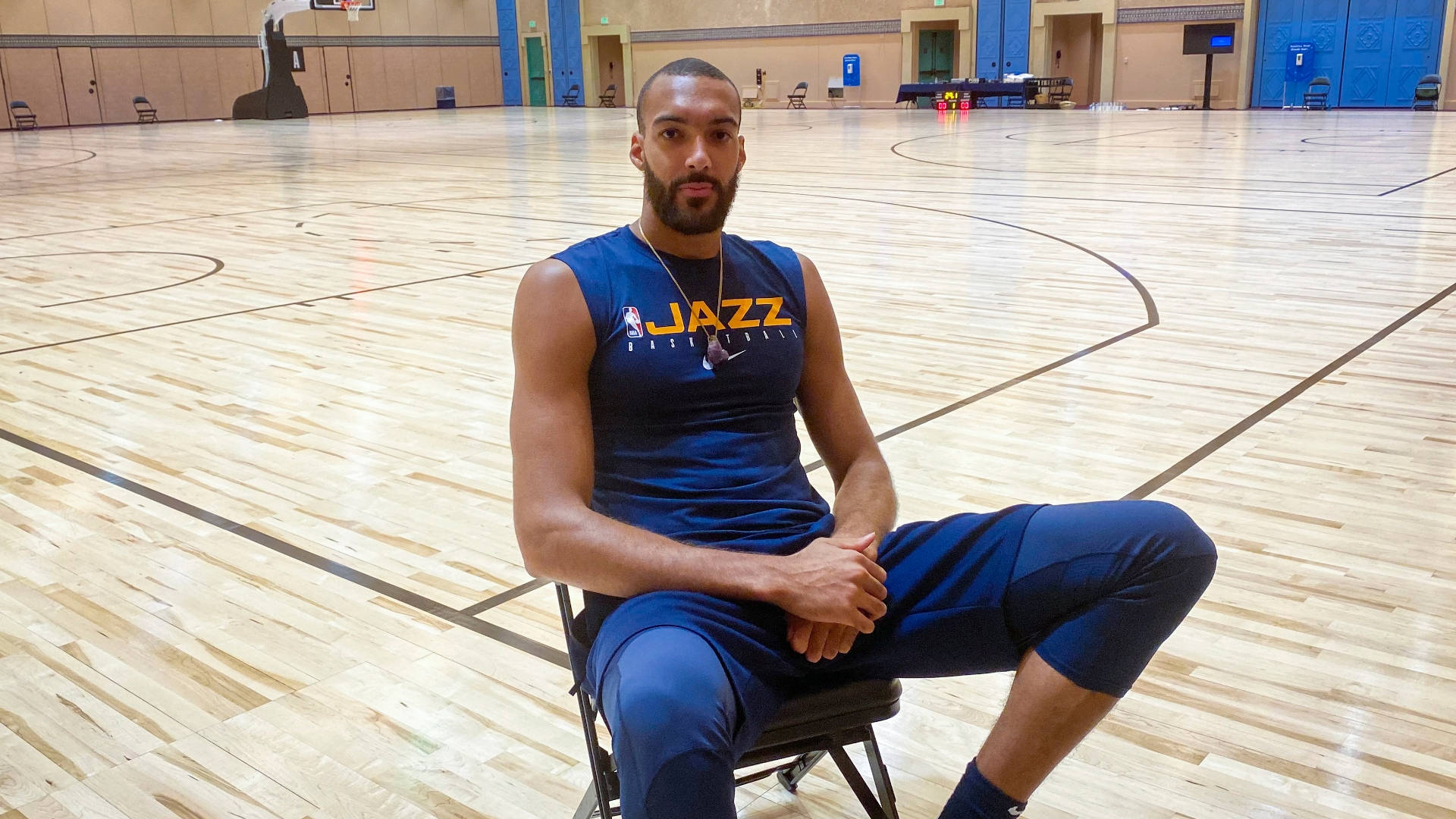 Rudy Gobert, blue Jazz jersey, polished wooden floors, Full HD Desktop Wallpaper