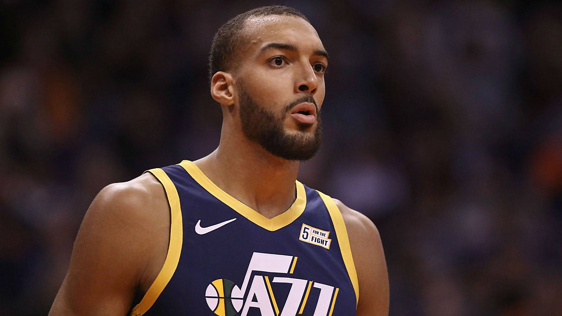 Rudy Gobert, navy and gold Jazz jersey, basketball player, Full HD Desktop Wallpaper