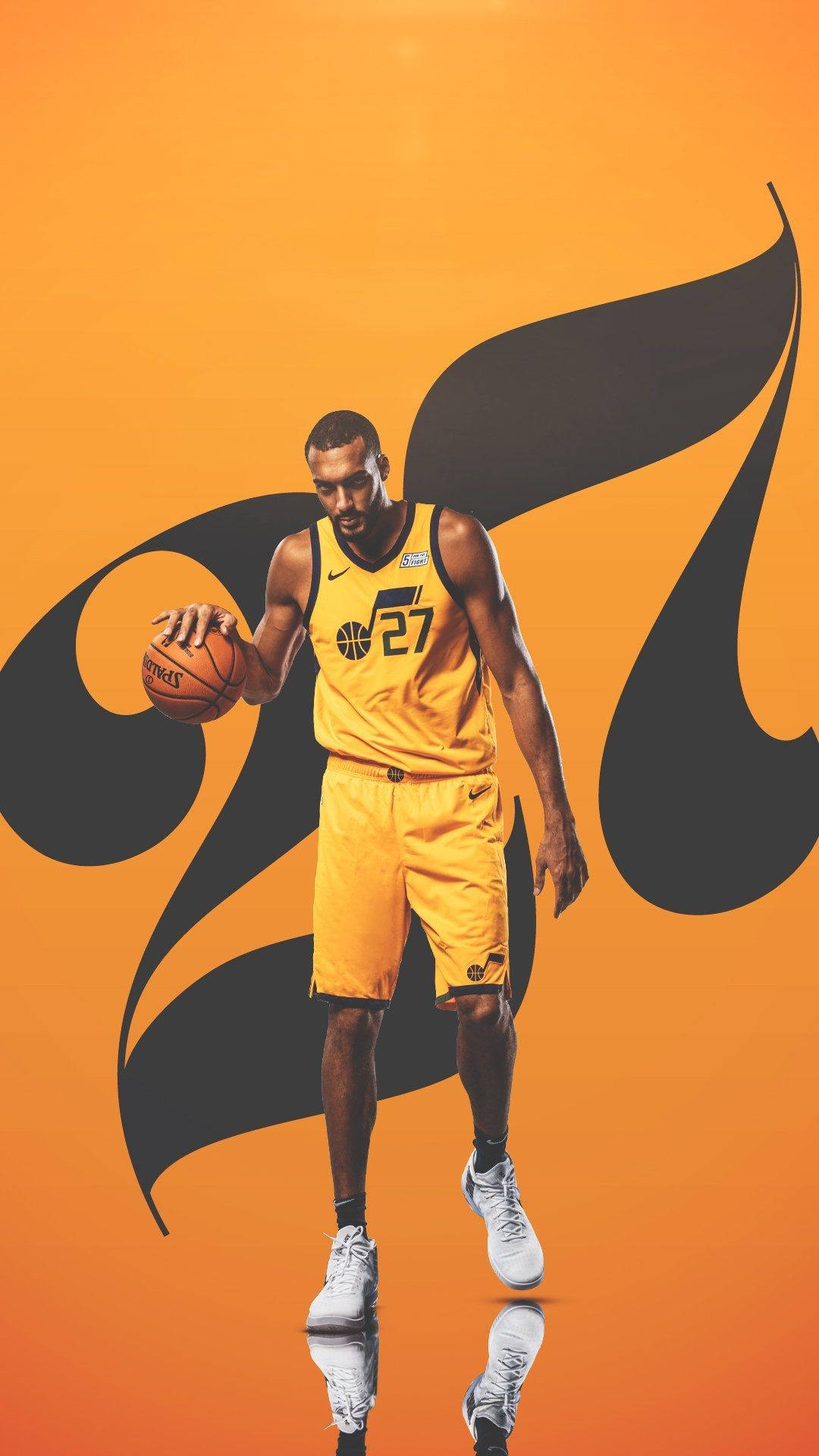 Rudy Gobert, all yellow jersey, orange background, Full HD Phone Wallpaper