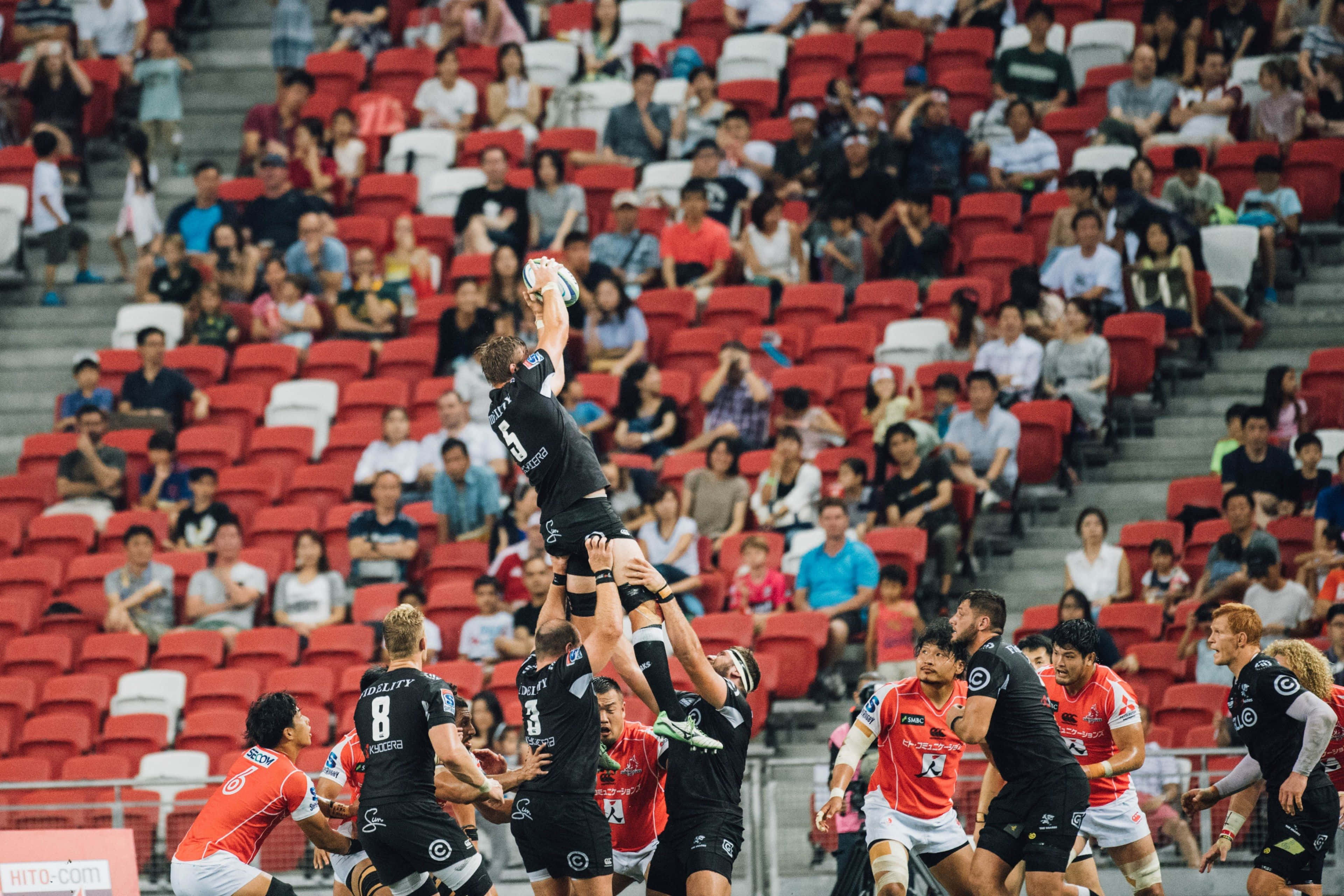 Rugby, lineout, red stadium seats, 4K Desktop Wallpaper