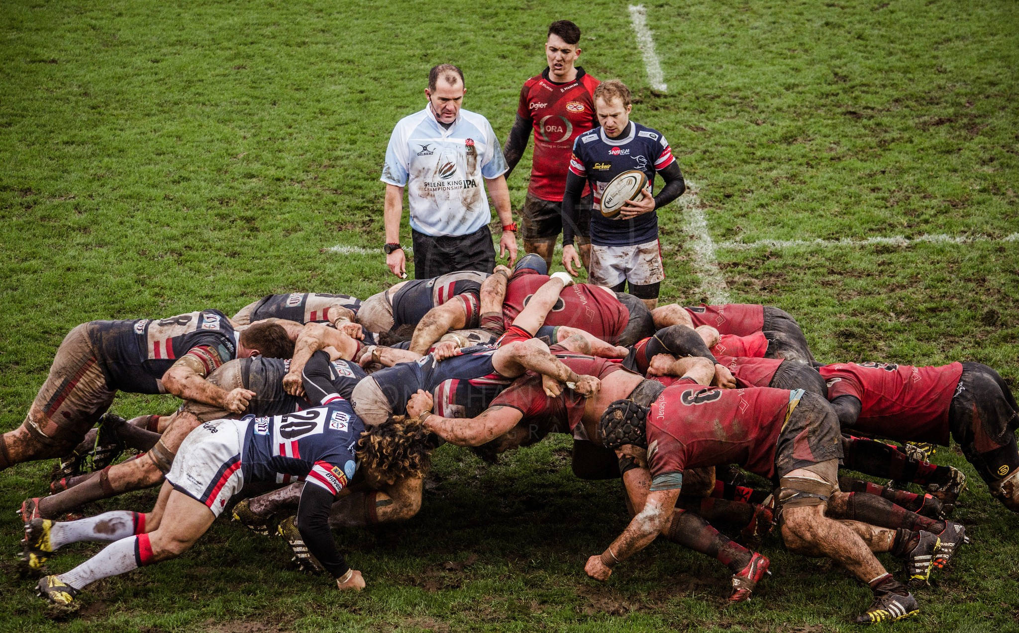 muddy rugby scrum, grass field, referee, Full HD Desktop Wallpaper