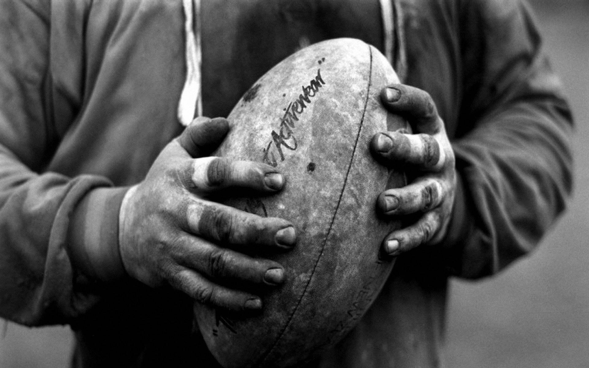 rugby ball, black and white photo, weathered hands, Full HD Desktop Wallpaper