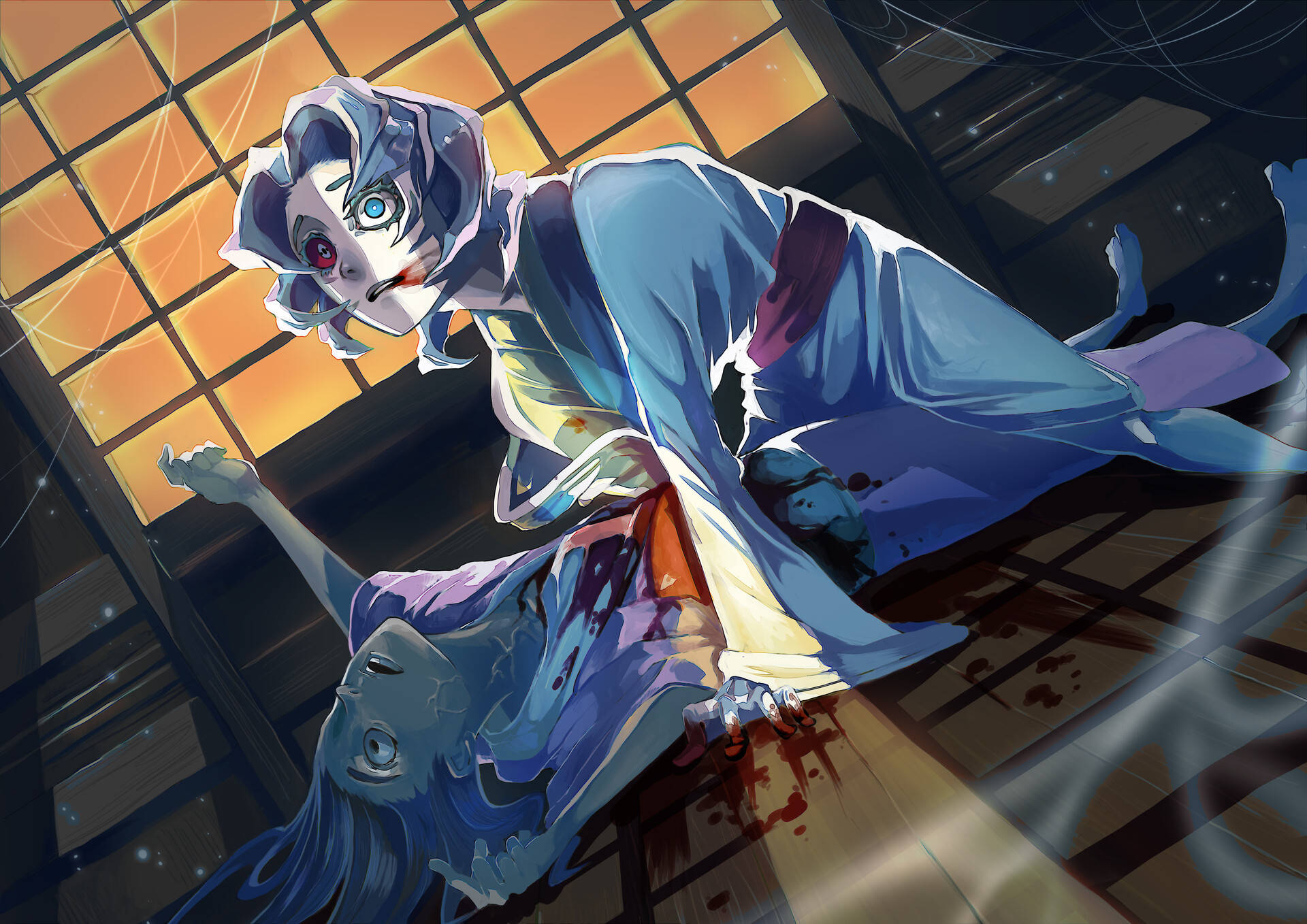 Rui Demon Slayer, blue robes, glowing orange windows, Full HD Desktop Wallpaper