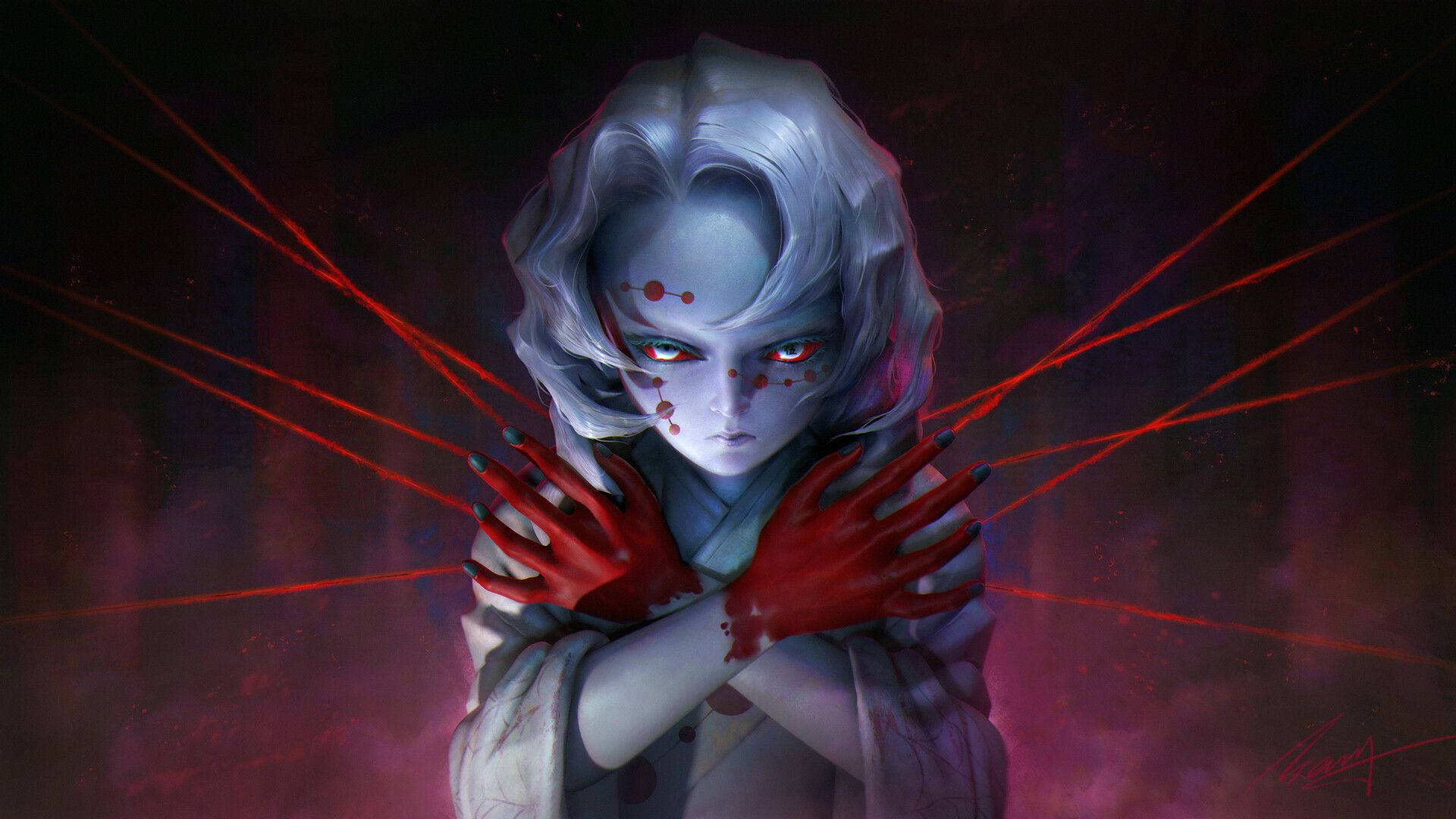 Rui Demon Slayer, silver hair, red eyes, Full HD Desktop Wallpaper