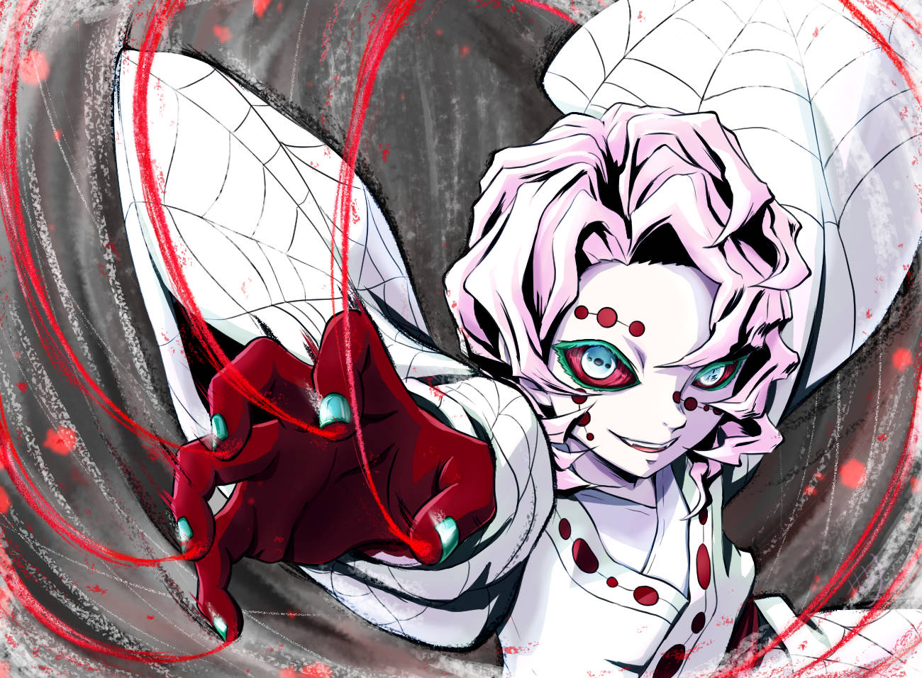 Rui Demon Slayer, spider-like wings, red blood splatters, HD Desktop Wallpaper