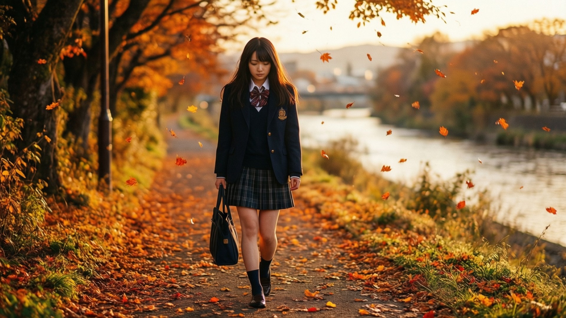 Ruka Urushibara, school uniform, river, Full HD Desktop Wallpaper