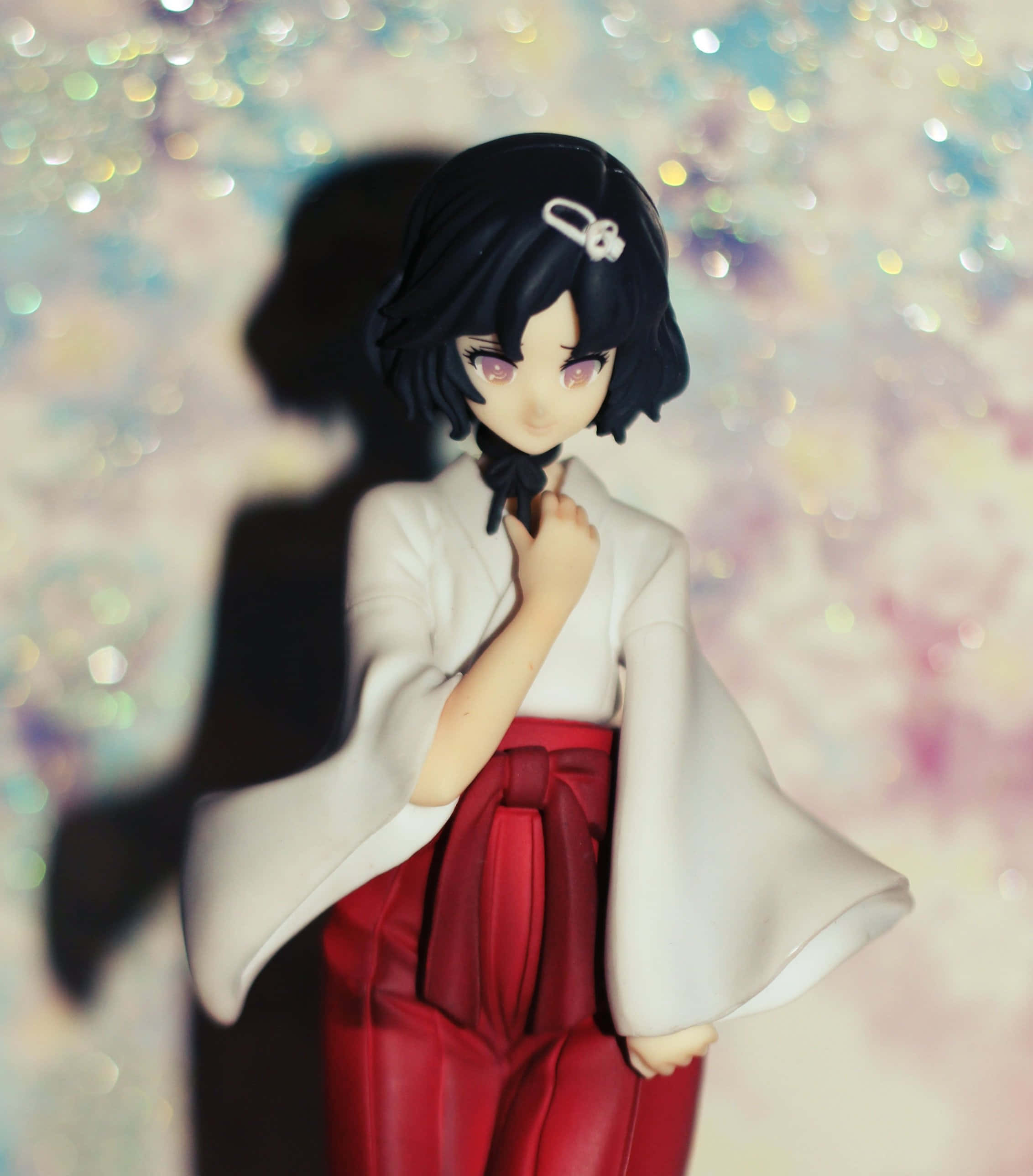 Ruka Urushibara, white and red traditional attire, sparkling pastel bokeh background, 2K Phone Wallpaper