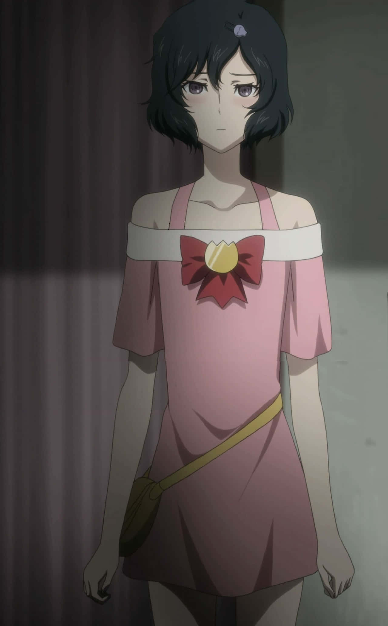 Ruka Urushibara, short black hair, pink off-shoulder dress, Full HD Phone Wallpaper
