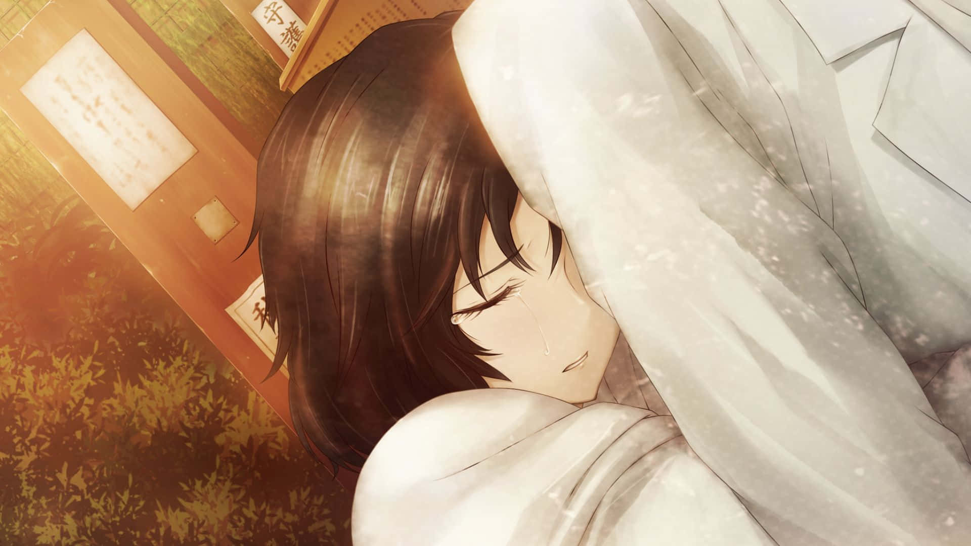Ruka Urushibara, dark hair, white blanket, Full HD Desktop Wallpaper