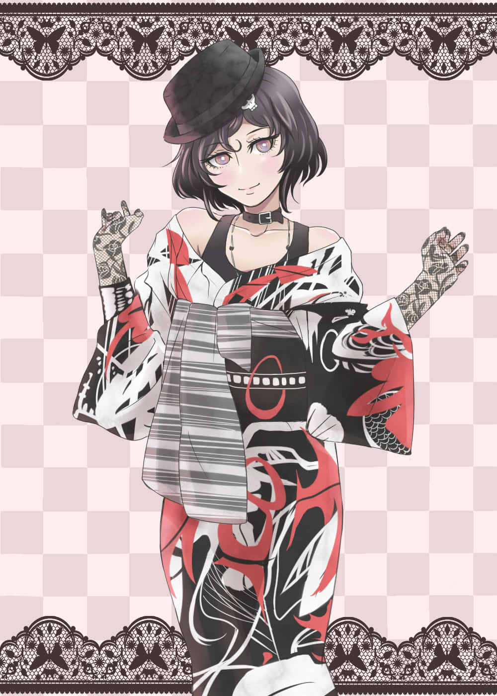 Ruka Urushibara, black hat, red white black patterned kimono, HD Phone Wallpaper