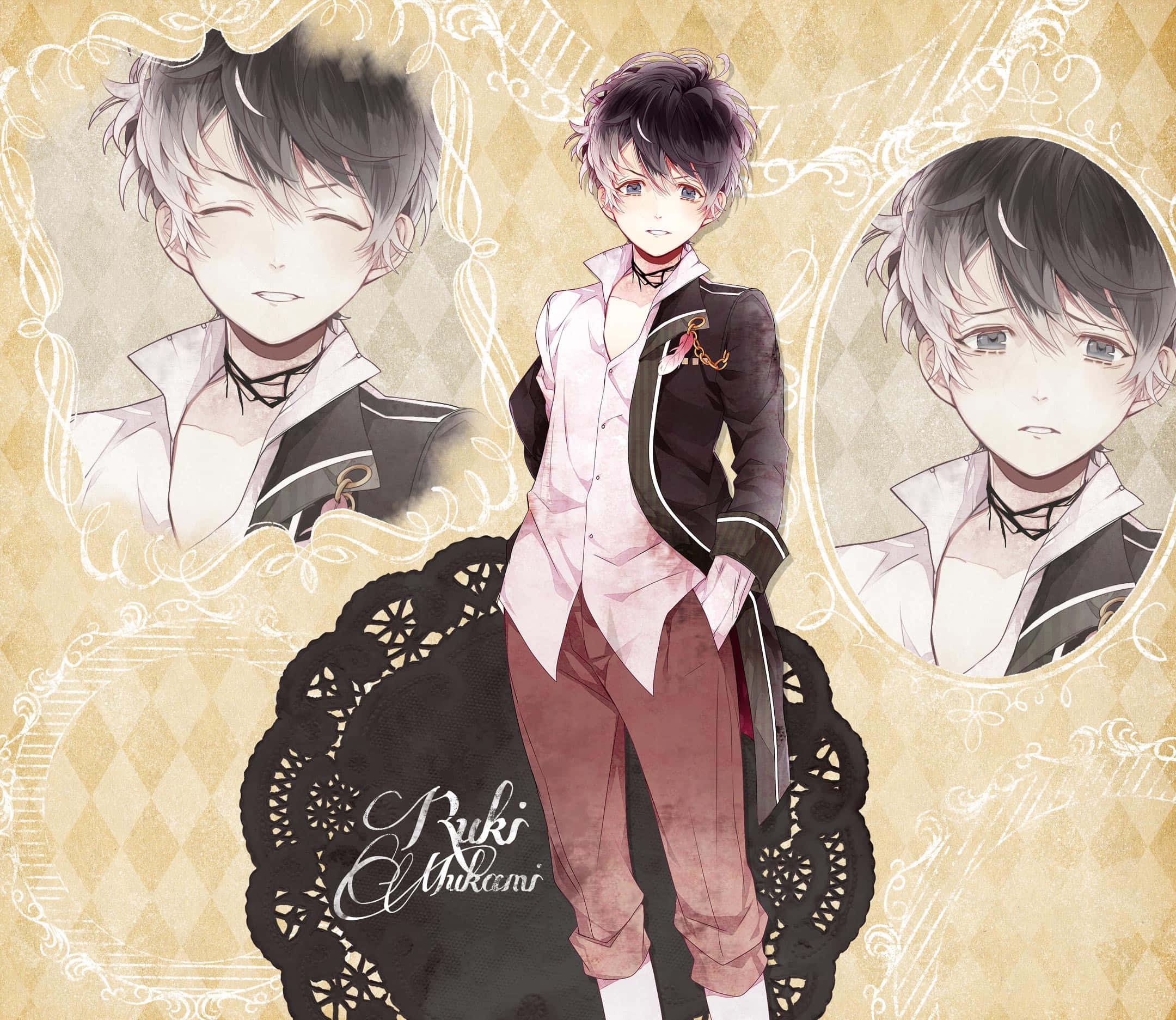 Ruki Mukami, anime character, ornate cream background, Full HD Desktop Wallpaper