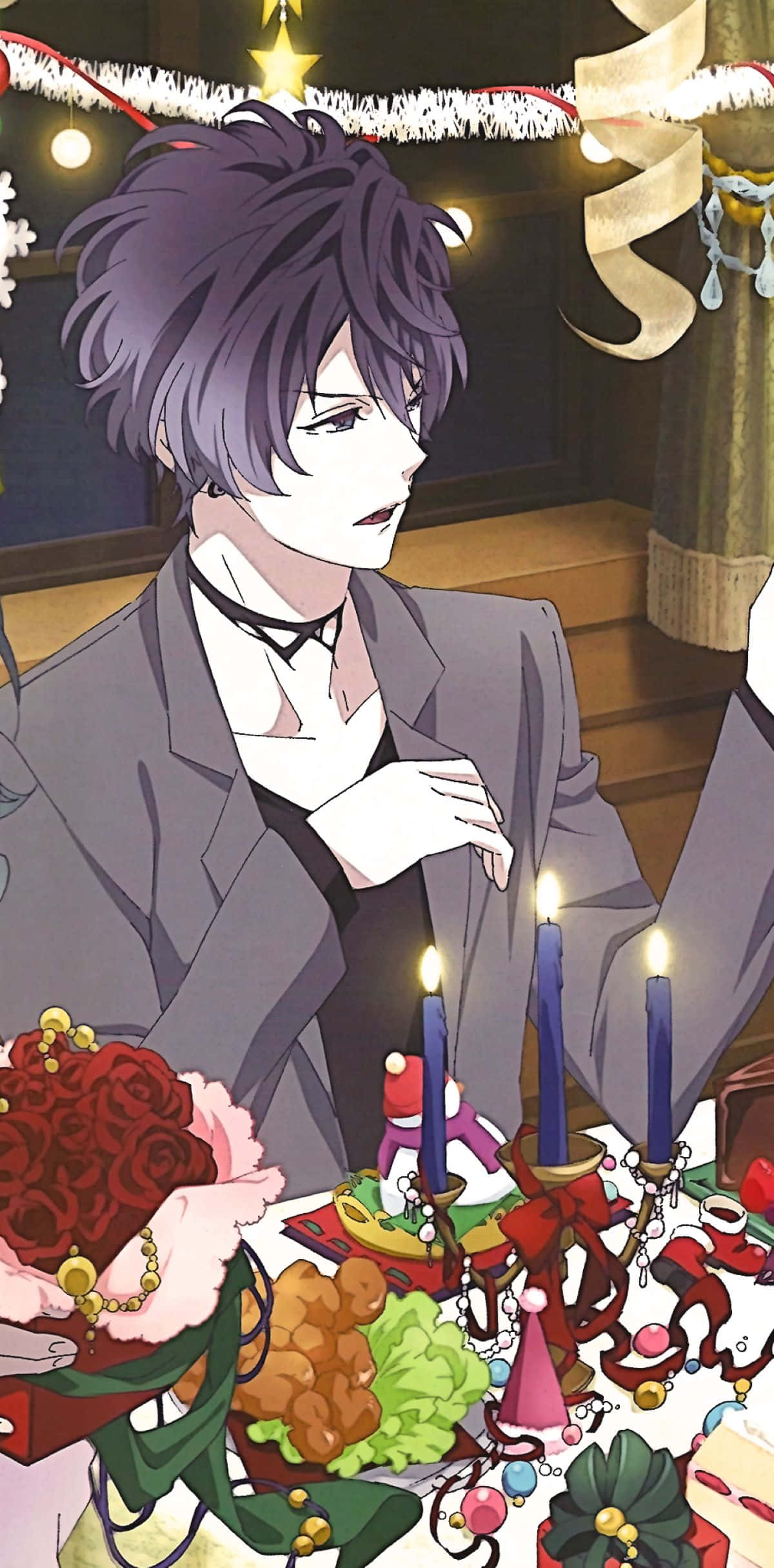 Ruki Mukami, purple-haired anime man, gray suit, Full HD Phone Wallpaper