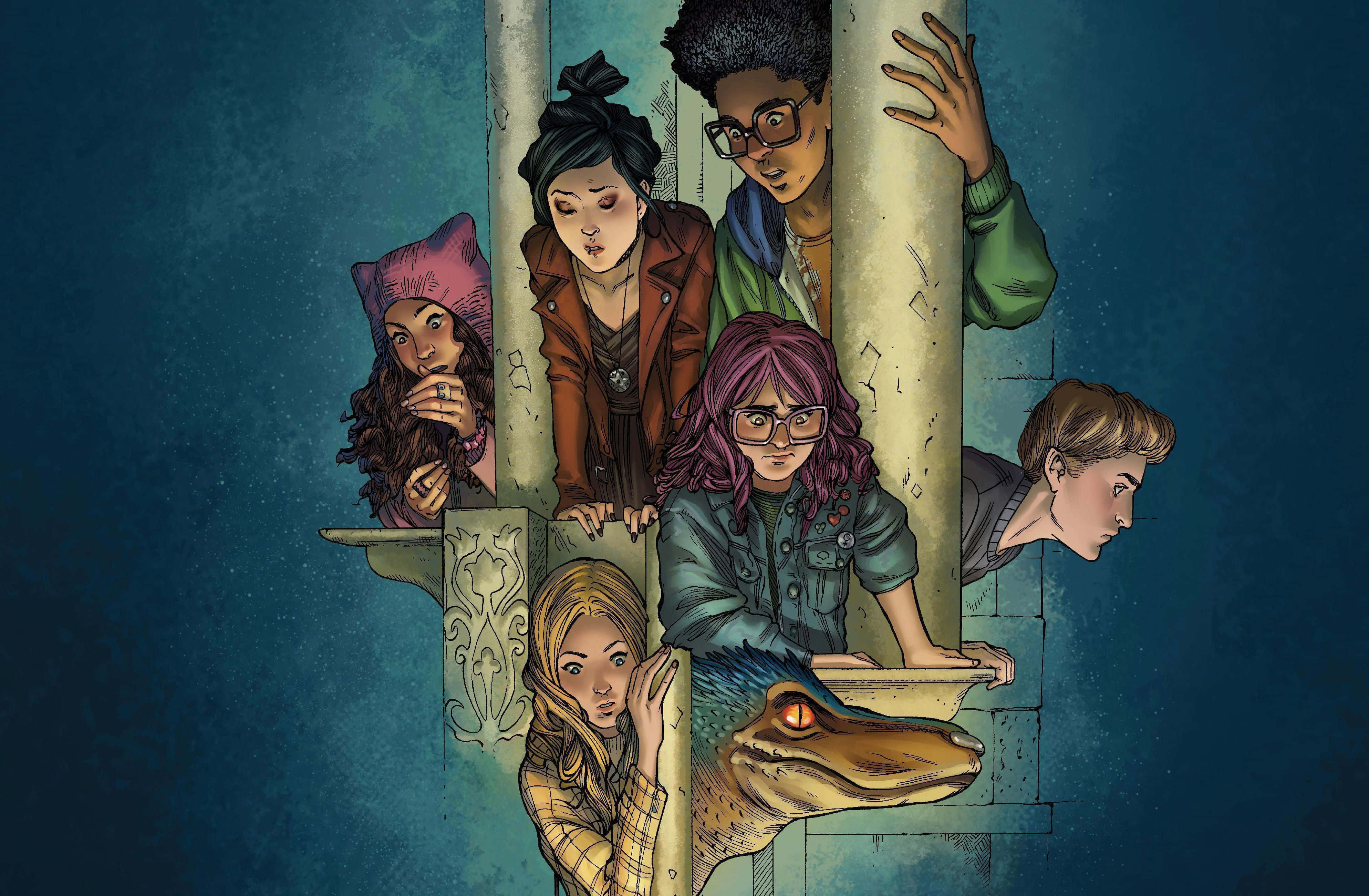 Runaways, six diverse teens, glowing-eyed dinosaur head, 4K Desktop Wallpaper