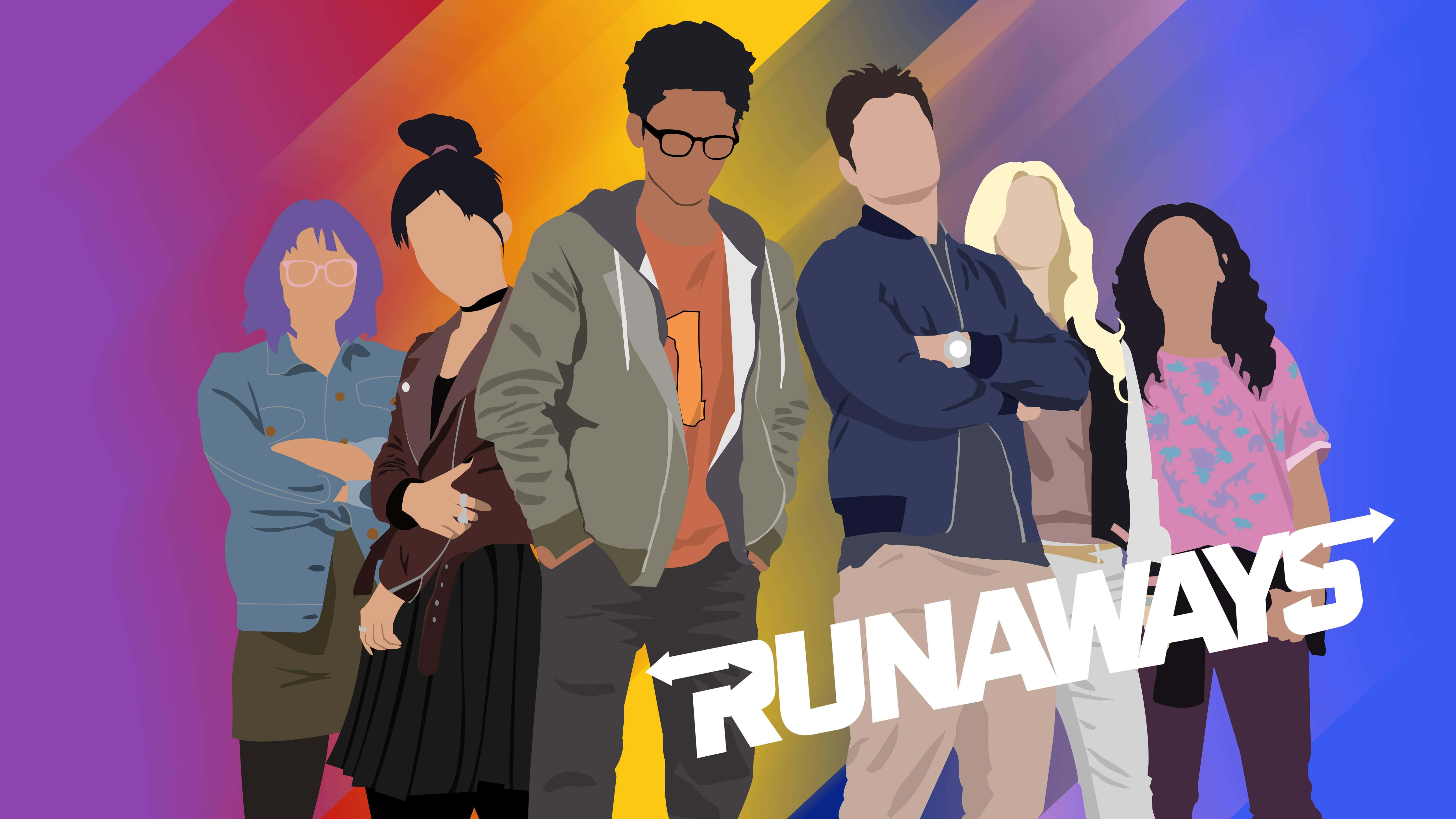 Runaways, rainbow gradient background, bold white text, 5K Desktop Wallpaper