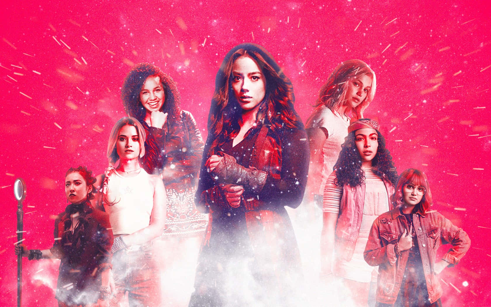 Runaways, seven diverse women, vibrant pink cosmic background, HD Desktop Wallpaper