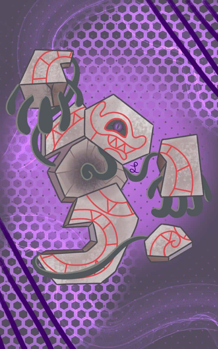 Runerigus, purple hexagonal background, red circuit-like patterns, SD Phone Wallpaper