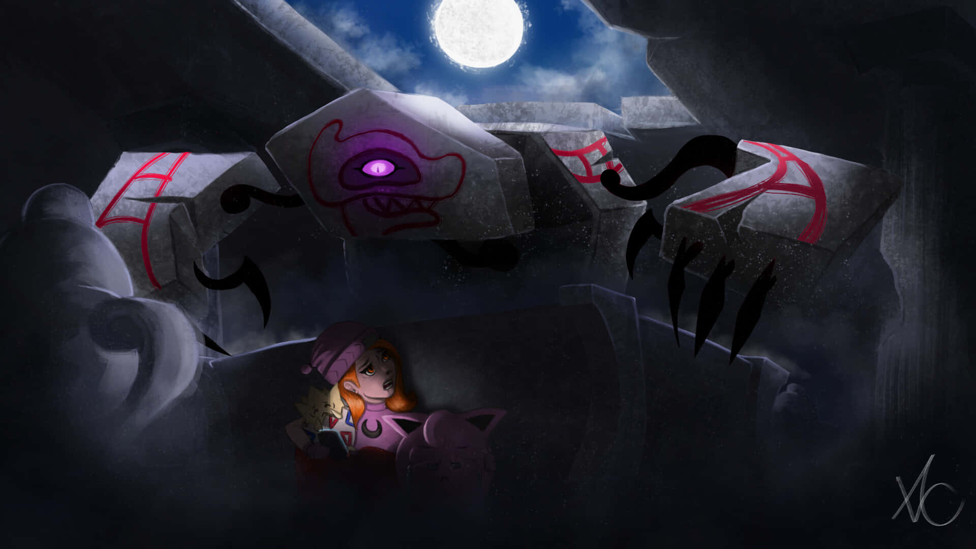 Runerigus, full moon, purple outfit, Full HD Desktop Wallpaper