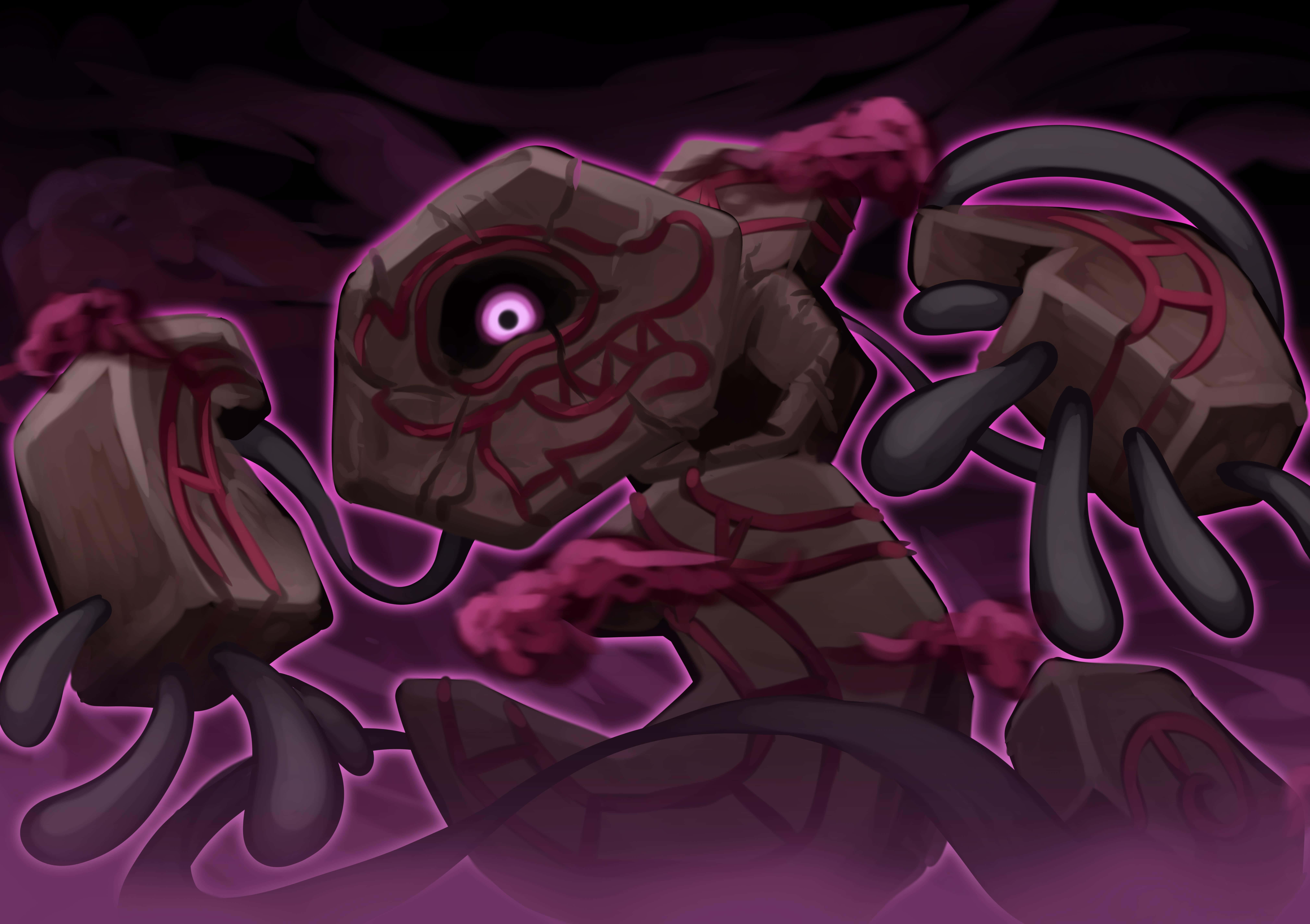 Runerigus, glowing purple eyes, pulsating pink vines, 8K Desktop Wallpaper