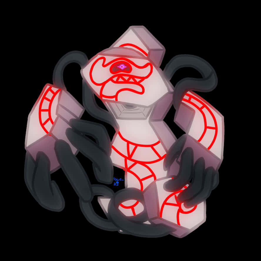 Runerigus, glowing white crystalline monster, red circuit-like patterns, SD Desktop Wallpaper