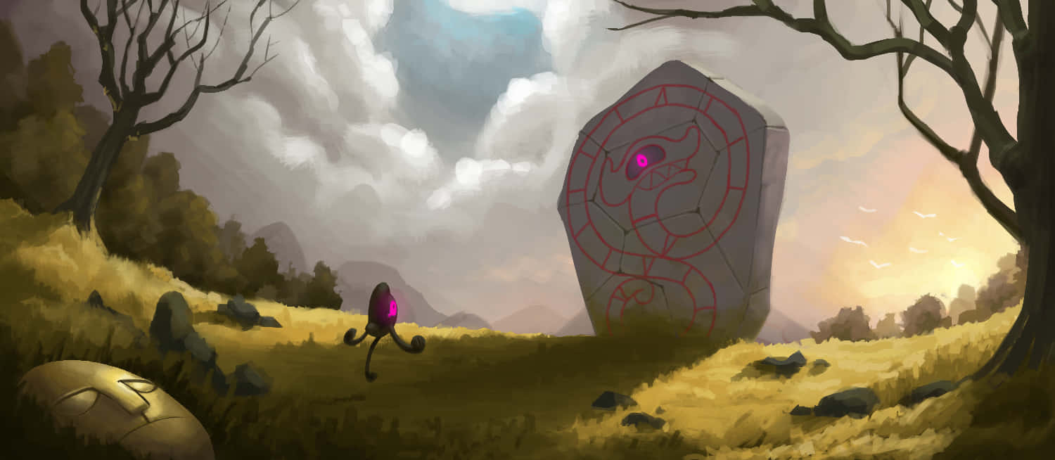 Runerigus, purple creature, giant stone monolith, HD Desktop Wallpaper