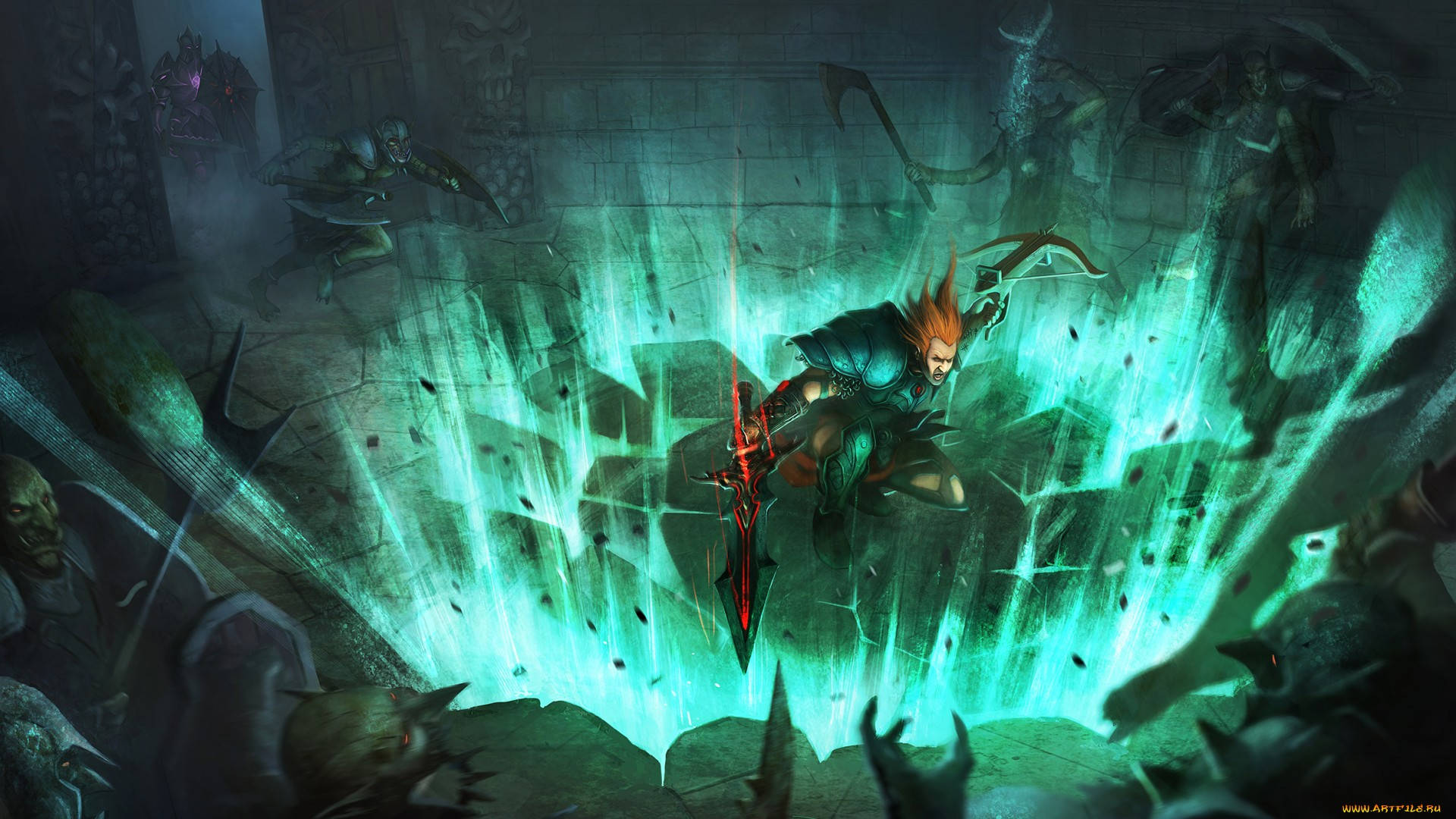 Runescape, turquoise light, fiery hair, Full HD Desktop Wallpaper
