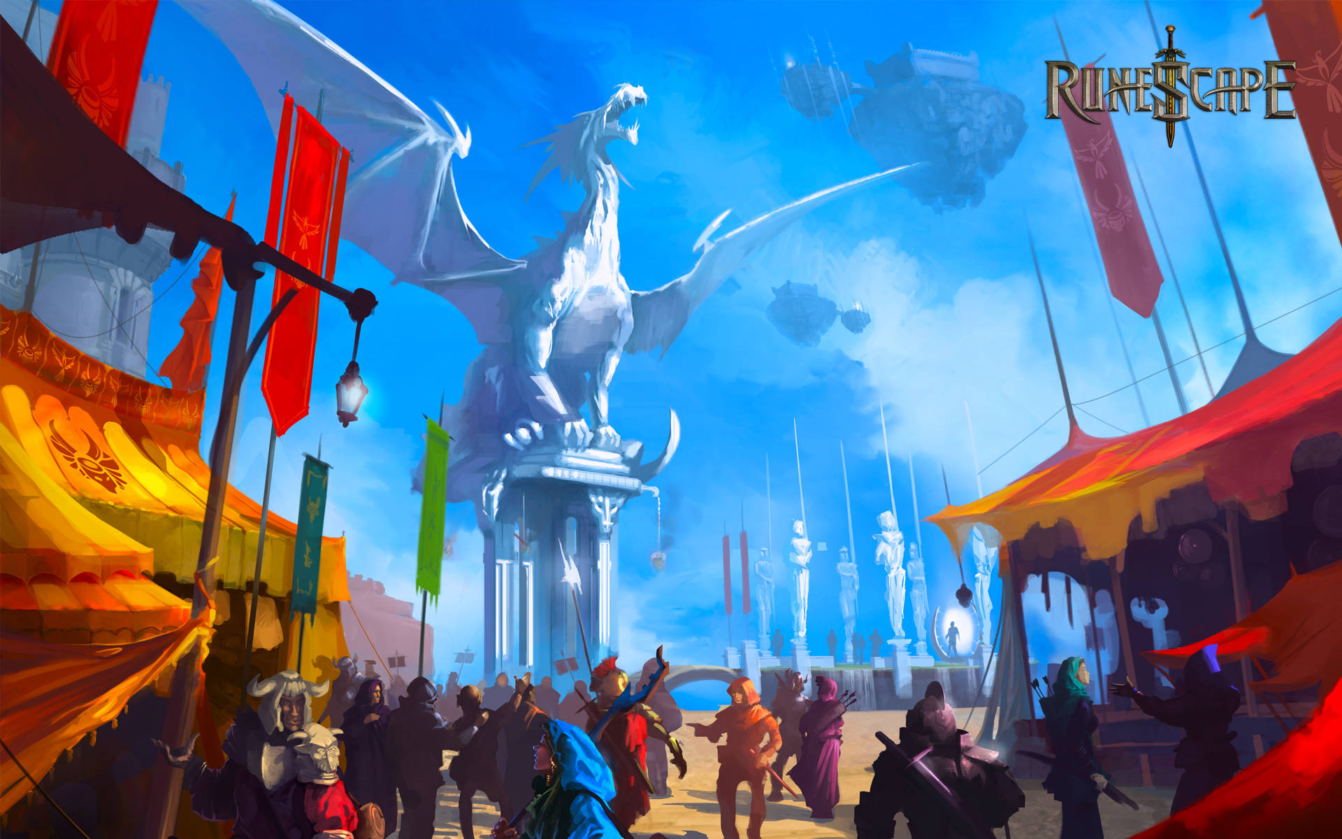 Runescape, fantasy marketplace, blue sky, Full HD Desktop Wallpaper