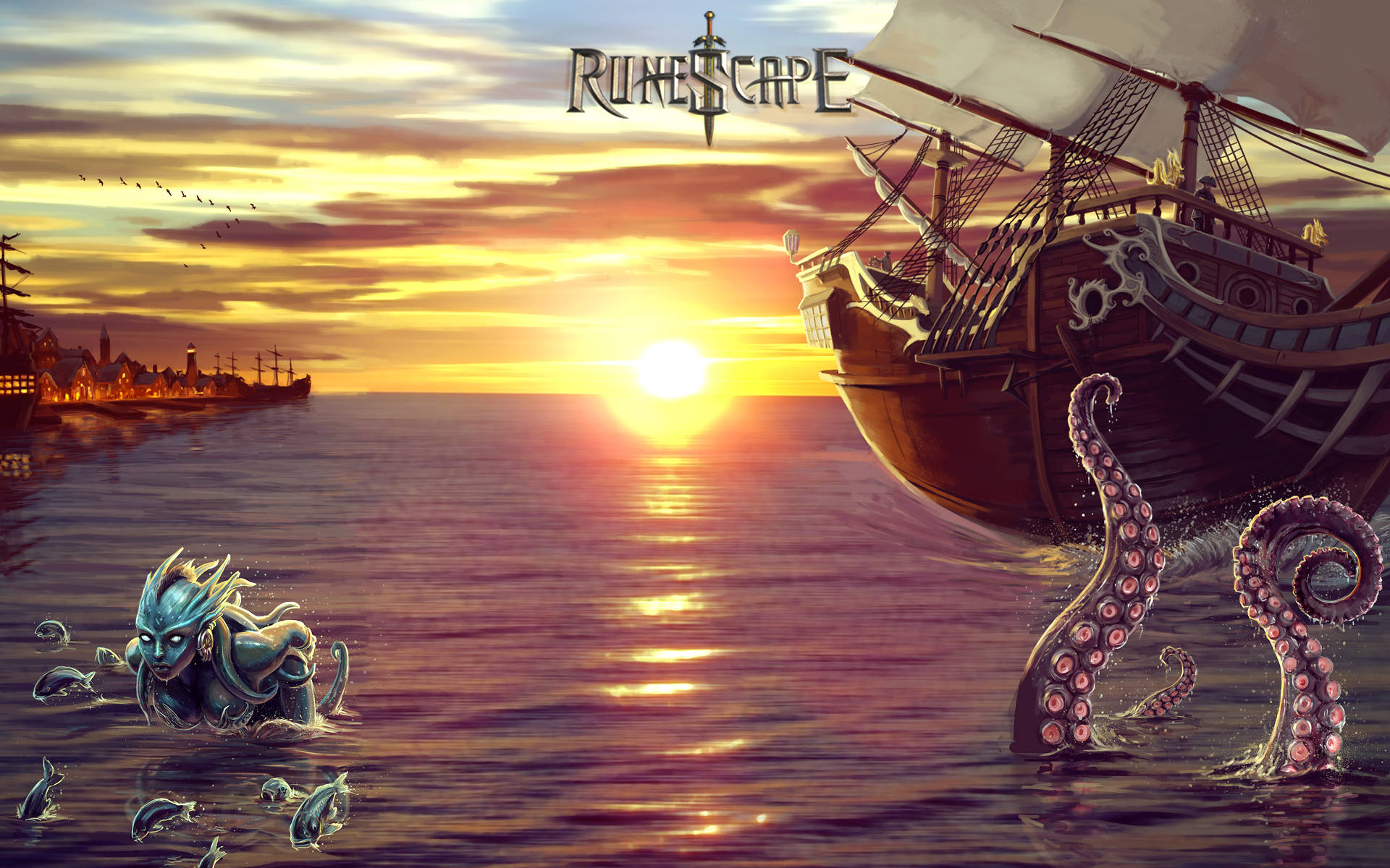 Runescape, ocean, sunset, Full HD Desktop Wallpaper