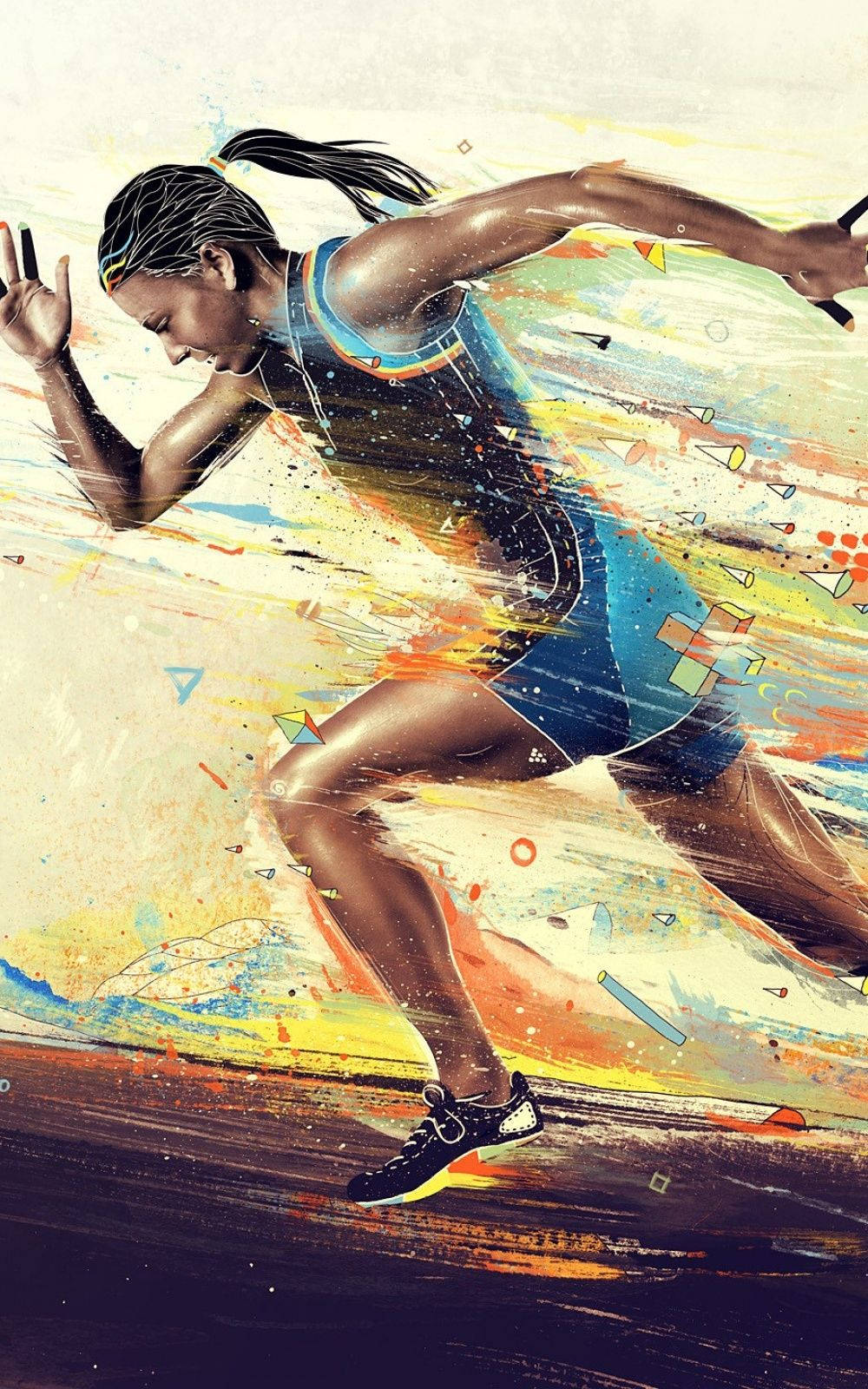 Runner, abstract paint splatters, geometric shapes, HD Phone Wallpaper