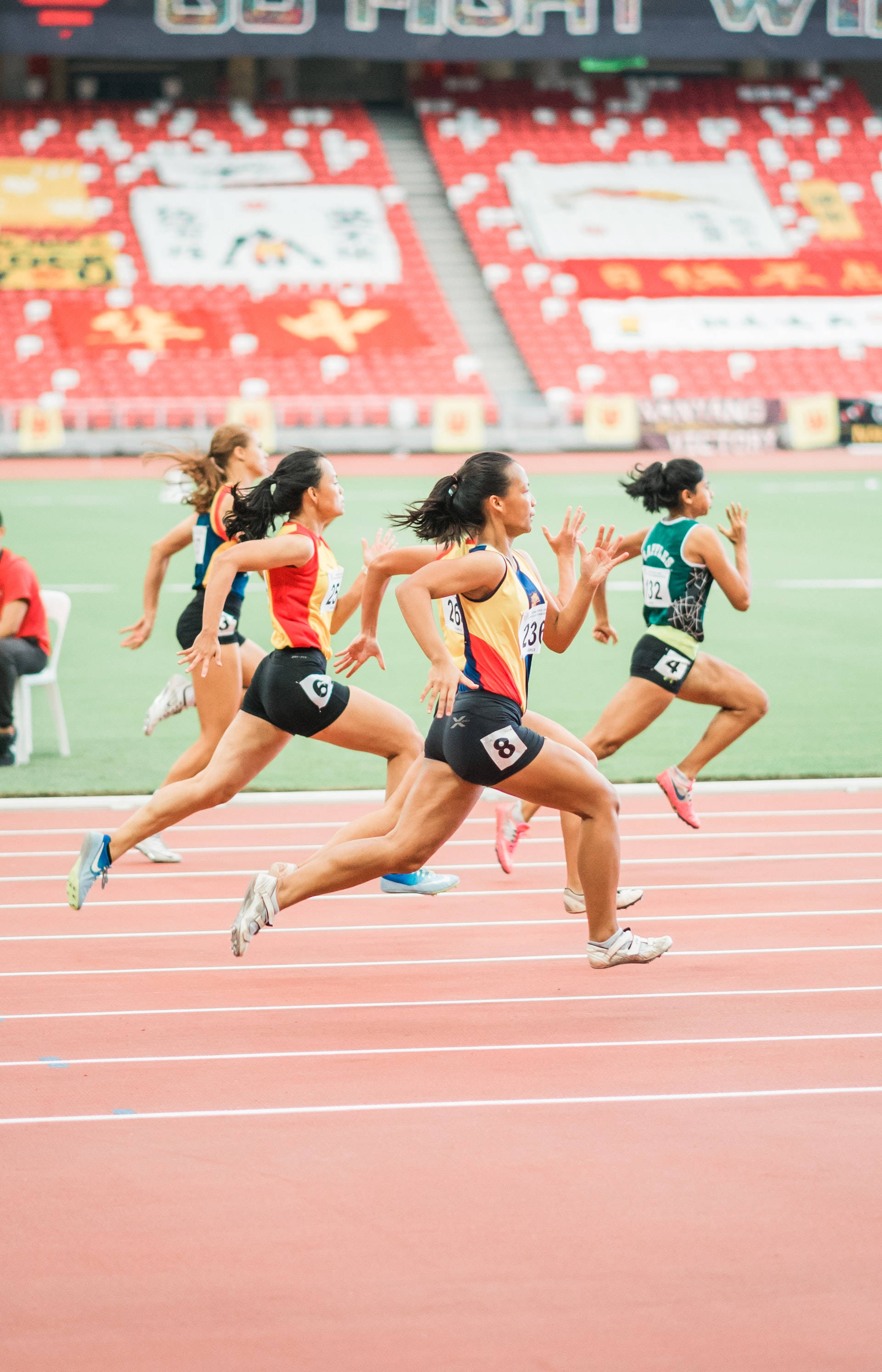 sport track and field runners, female sprinters, red track, 2K Phone Wallpaper