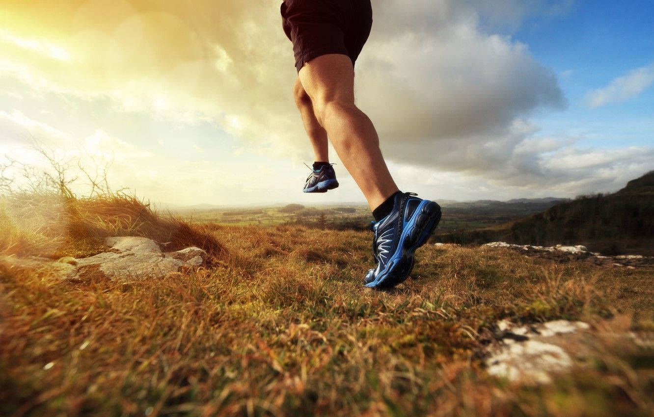 Runner, blue shoes, grassy terrain, HD Desktop Wallpaper
