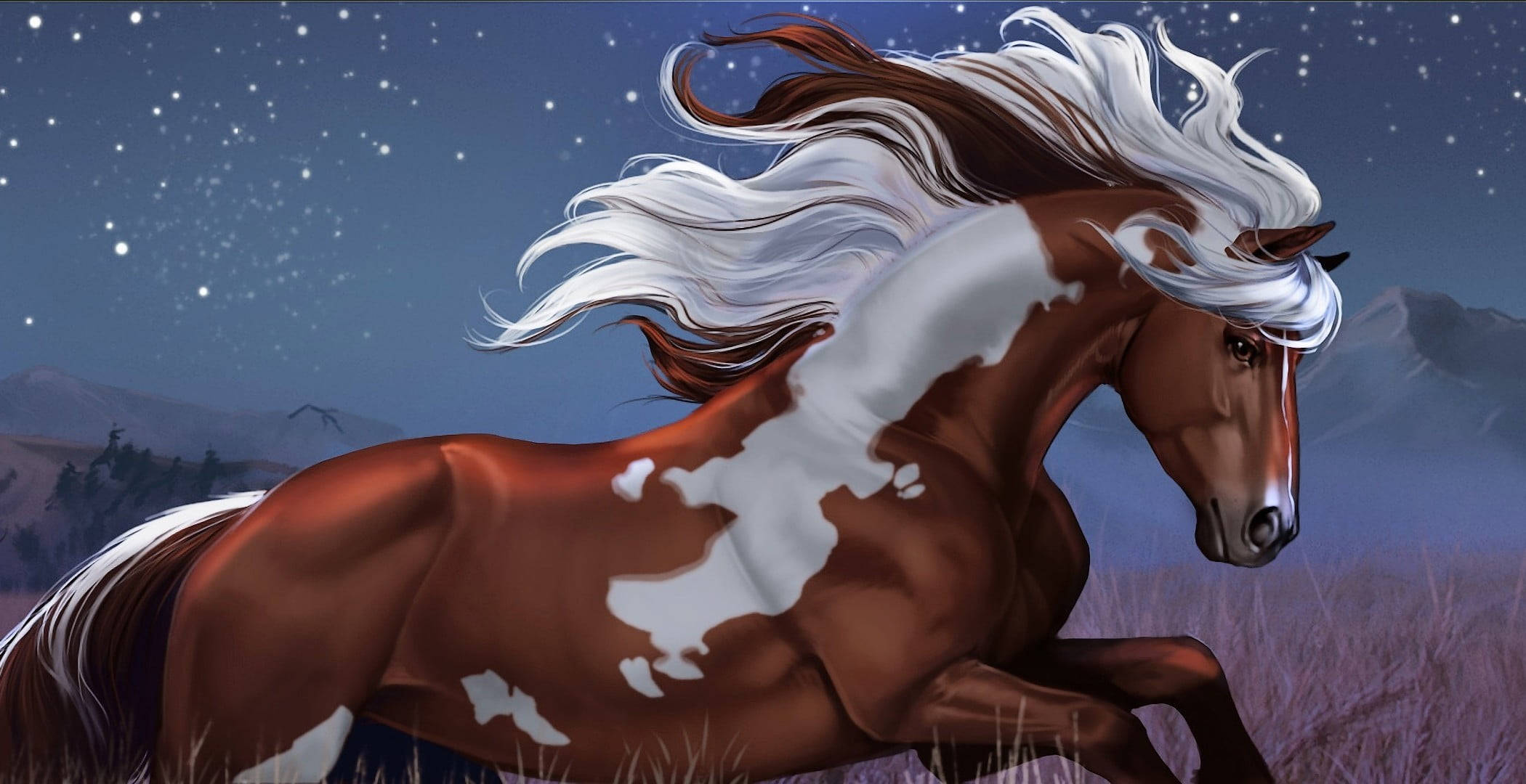 Running Horse, white pattern, starry night field, Full HD Desktop Wallpaper