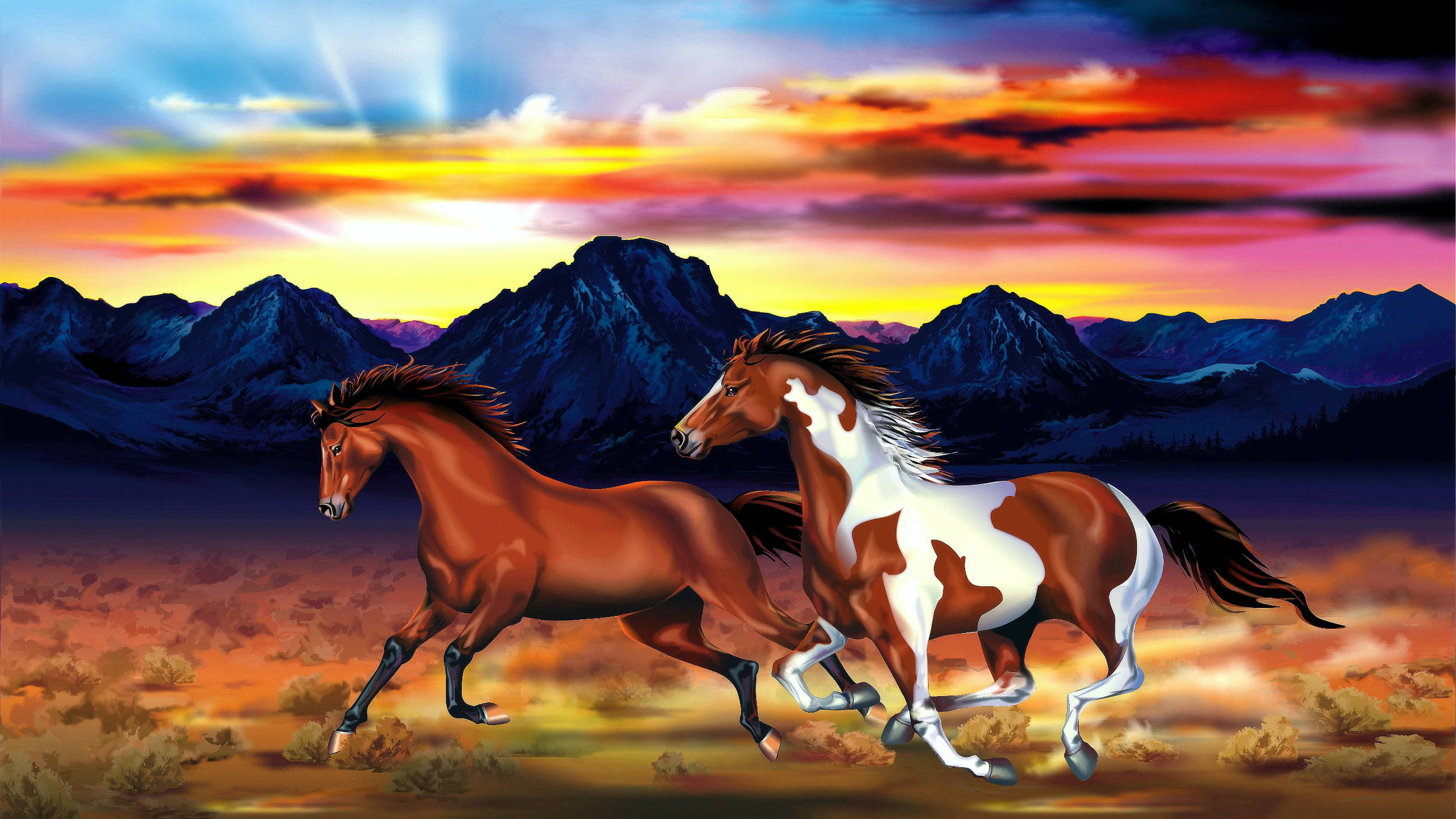 Running Horse, desert plain, vibrant sunset sky, 2K Desktop Wallpaper