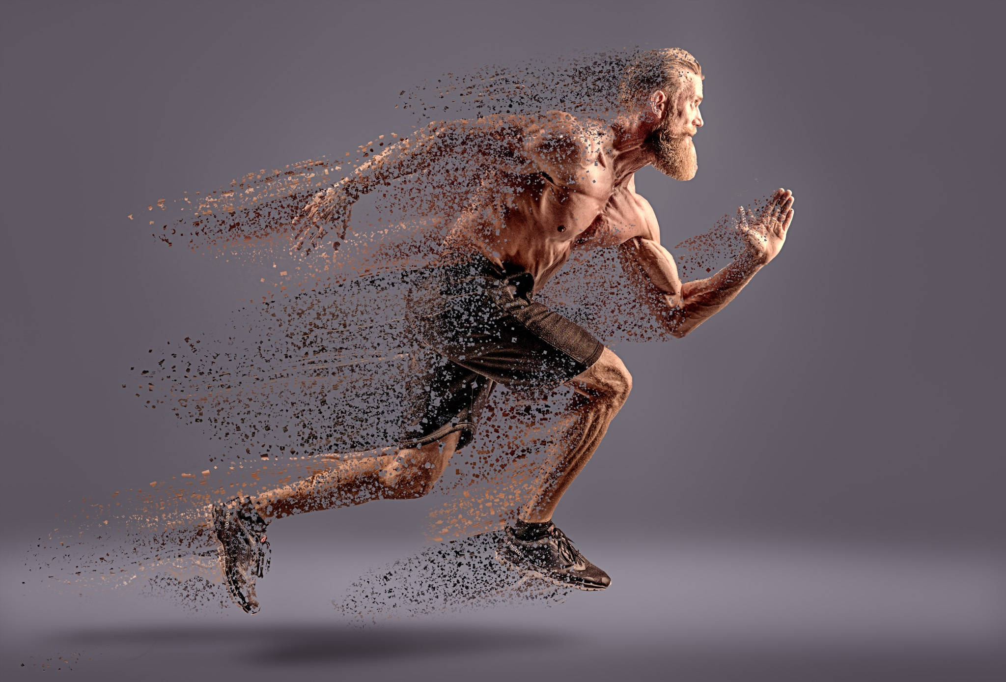 Fading Running Man Digital, muscular bearded man, disintegrates into particles, Full HD Desktop Wallpaper