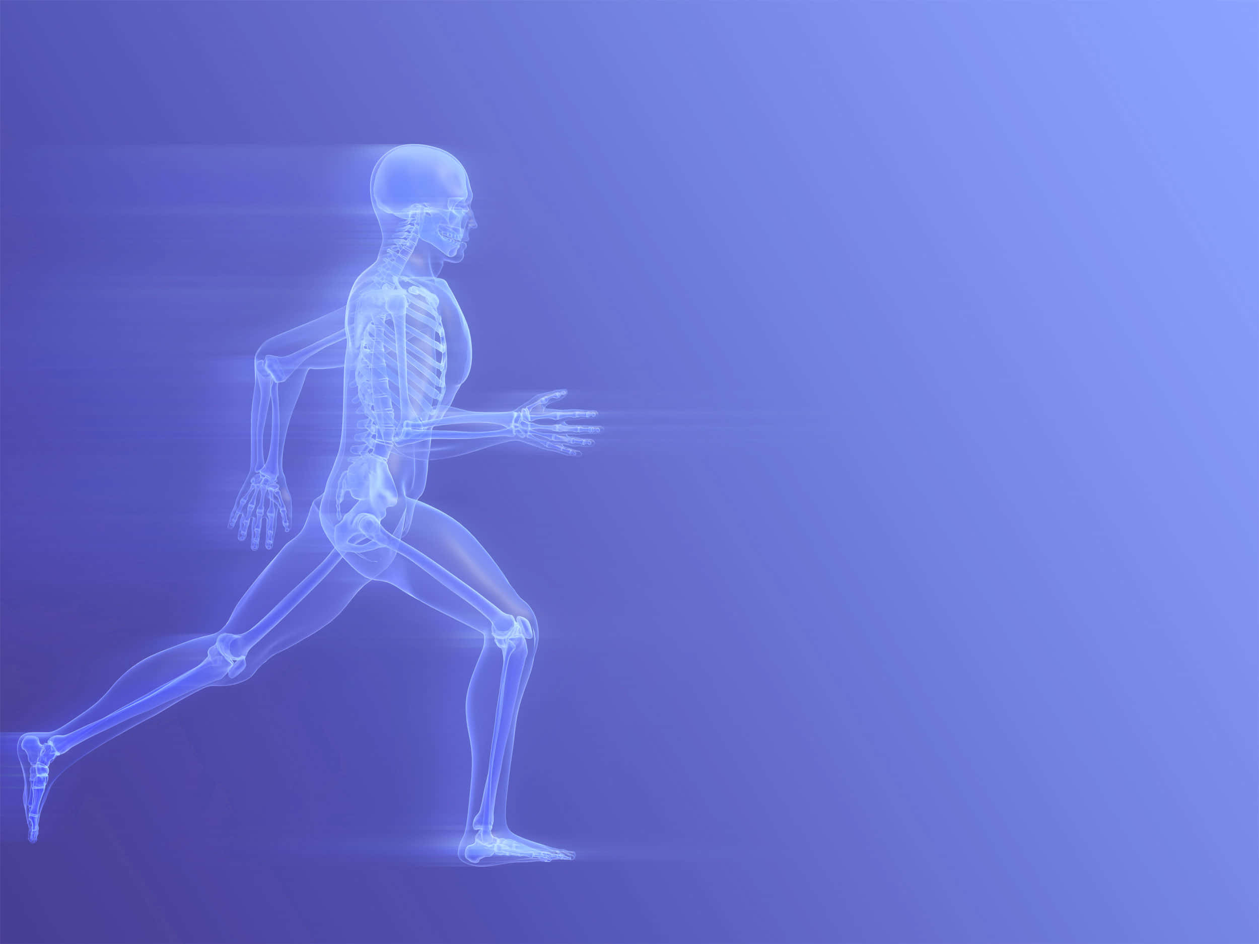 glowing blue x-ray style human skeleton, gradient blue background, running, Full HD Desktop Wallpaper
