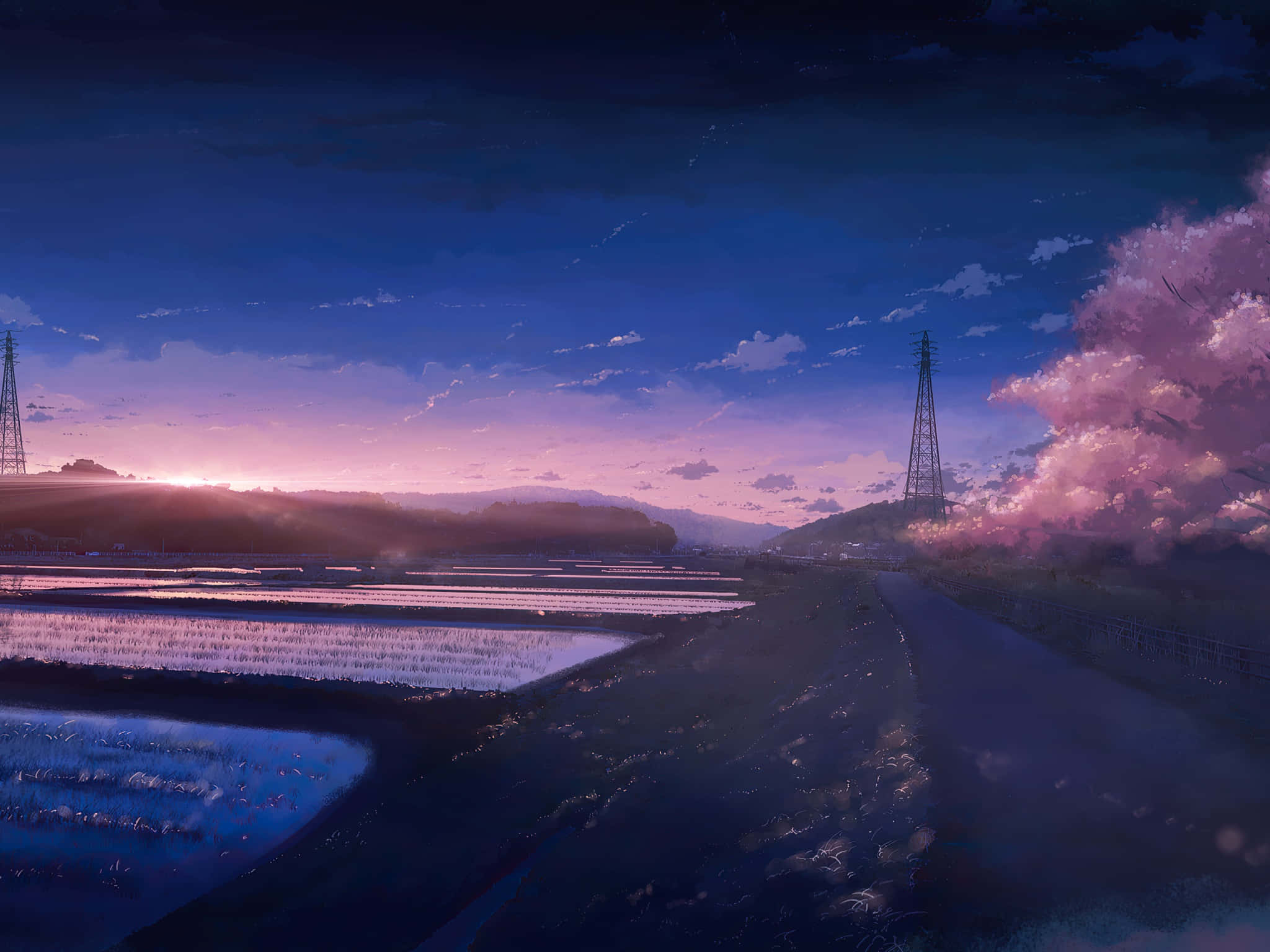 twilight landscape, pink clouds, purple sky, Full HD Desktop Wallpaper