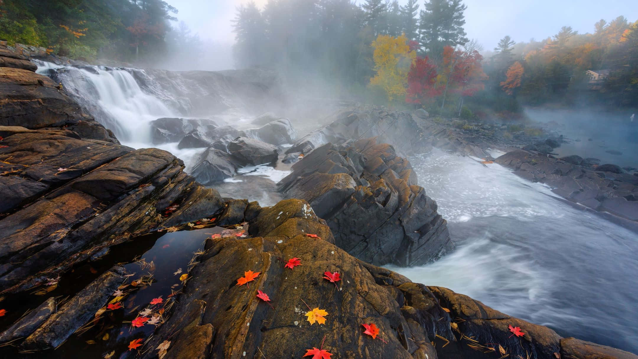 2160x1215, Sprawling verdant countryside, misty autumn waterfall, Full HD Desktop Wallpaper