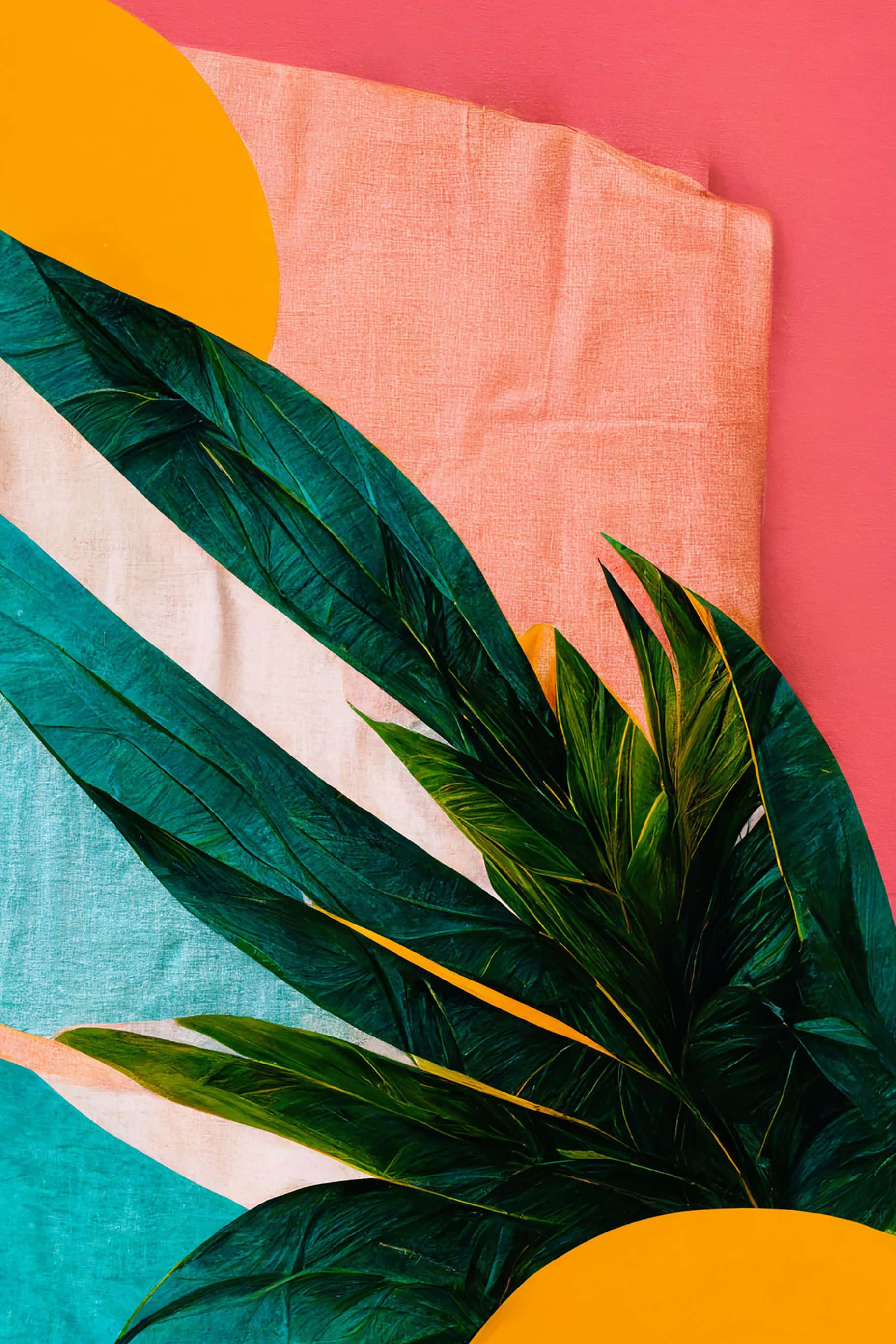 tropical leaves, colorful textured fabric, bold geometric shapes, 2K Phone Wallpaper
