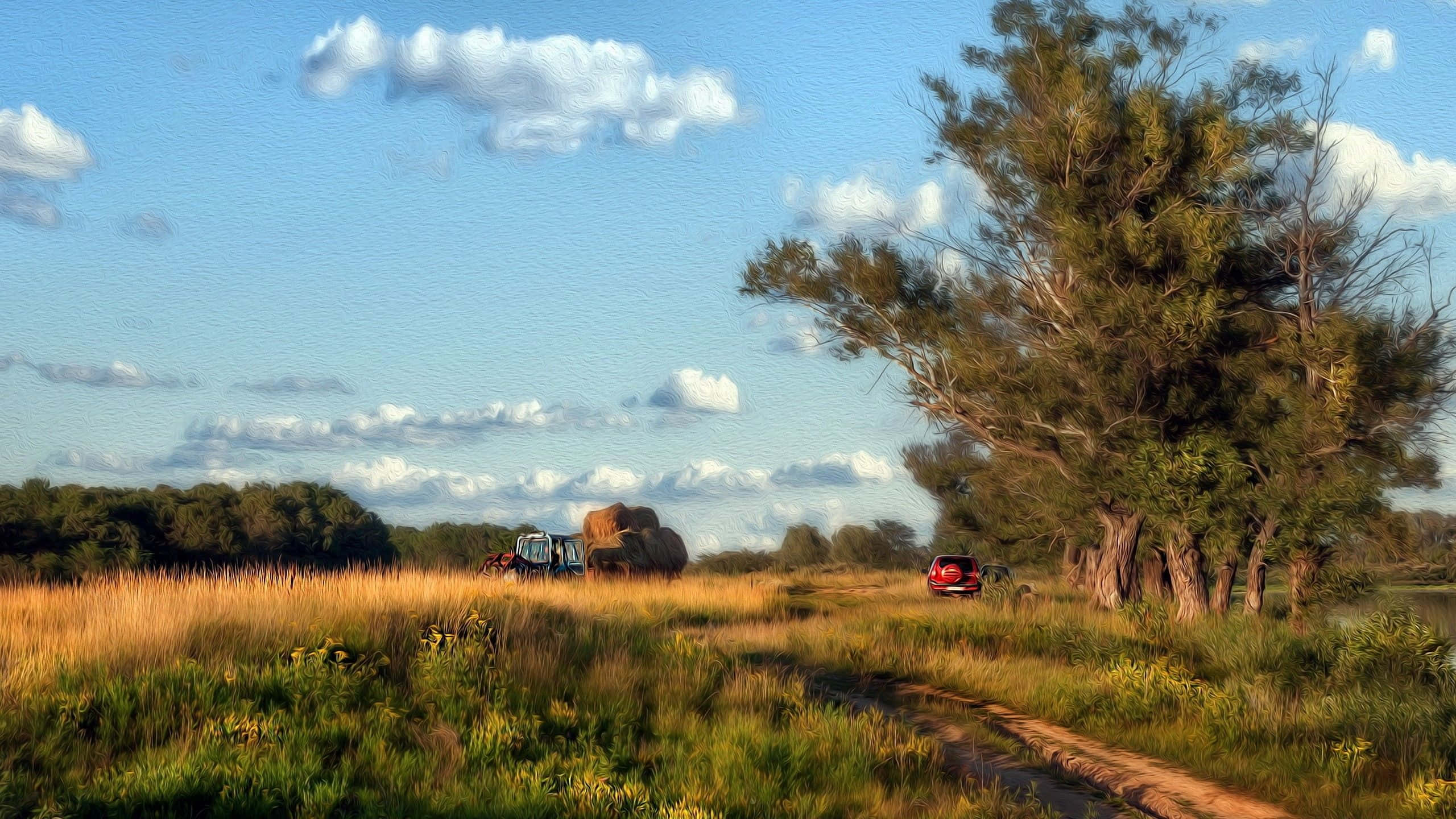 red car, tractor, hay bales, 2K Desktop Wallpaper