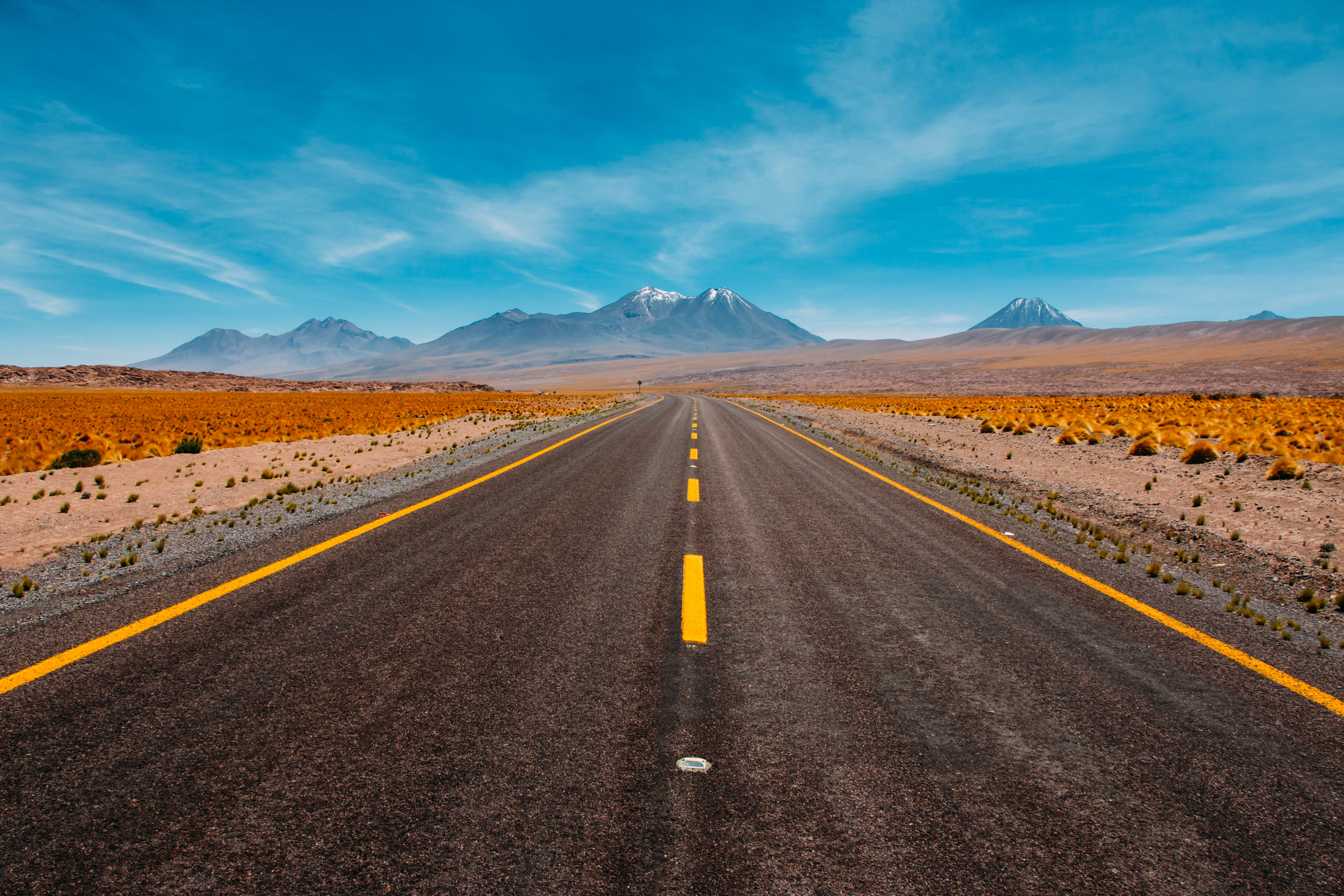 desolate road, asphalt road, snow-capped mountains, 5K Desktop Wallpaper