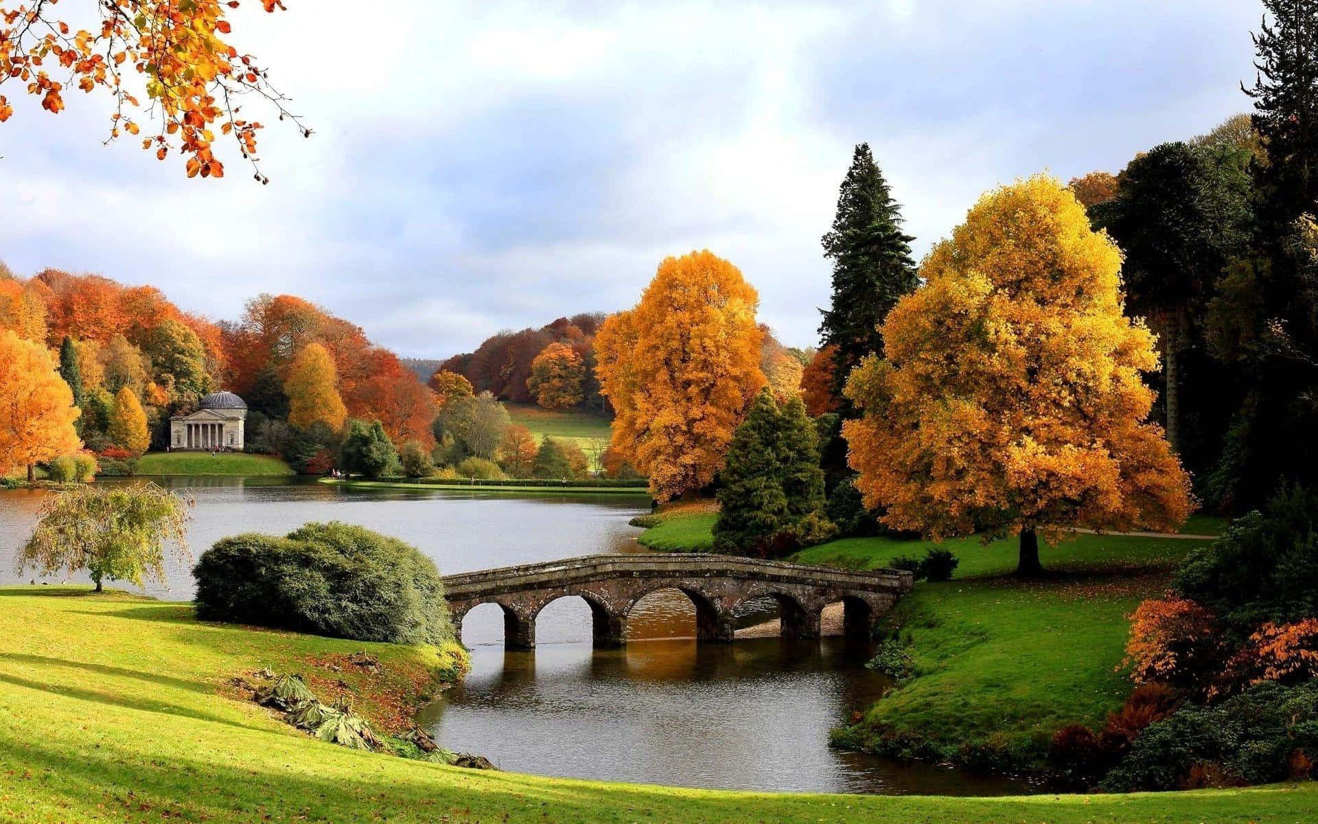 stone bridge, calm lake, vibrant autumn trees, Full HD Desktop Wallpaper