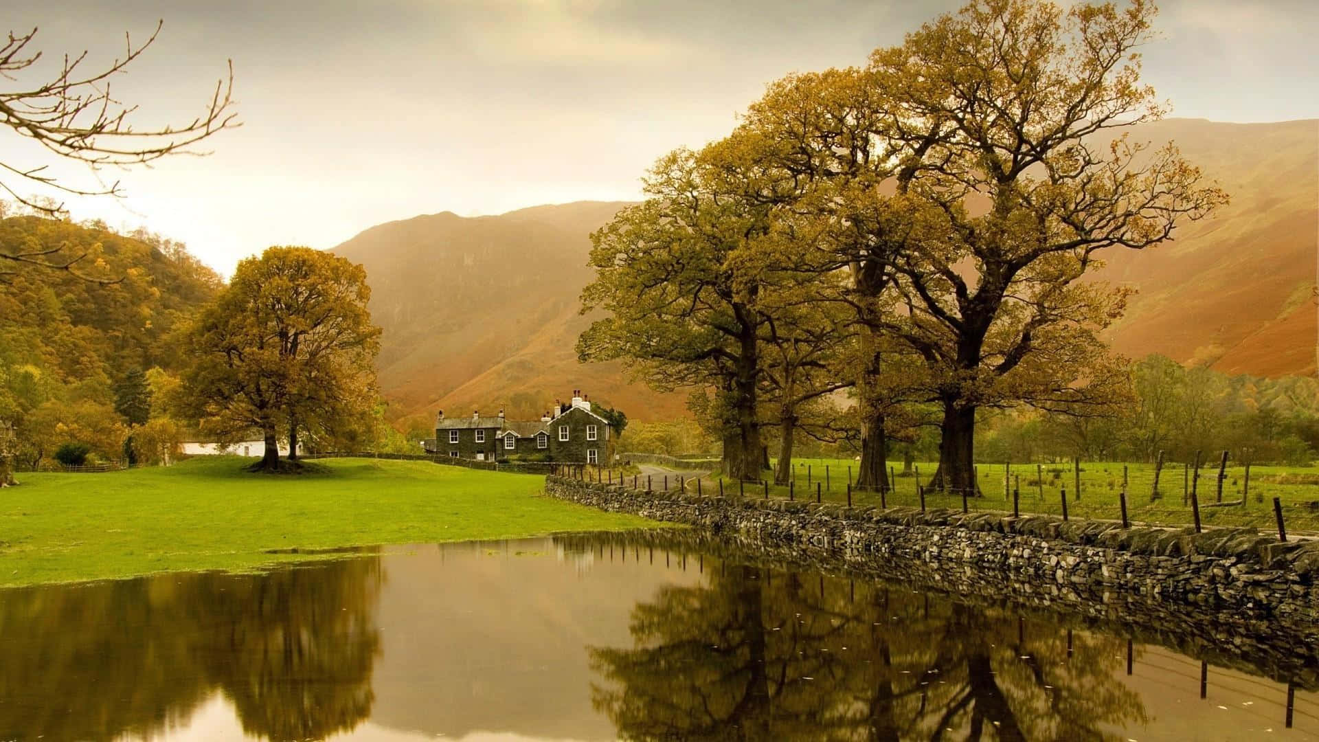 autumn landscape, stone wall pond, golden trees, Full HD Desktop Wallpaper
