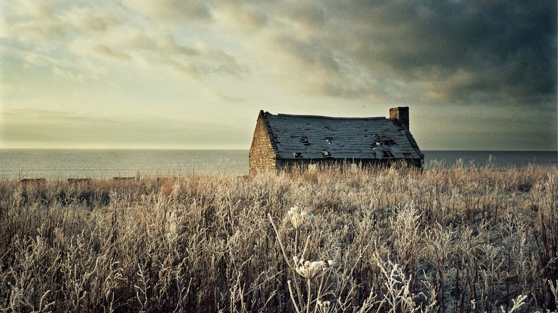 serene countryside dawn, weathered stone cottage, frosty field, Full HD Desktop Wallpaper
