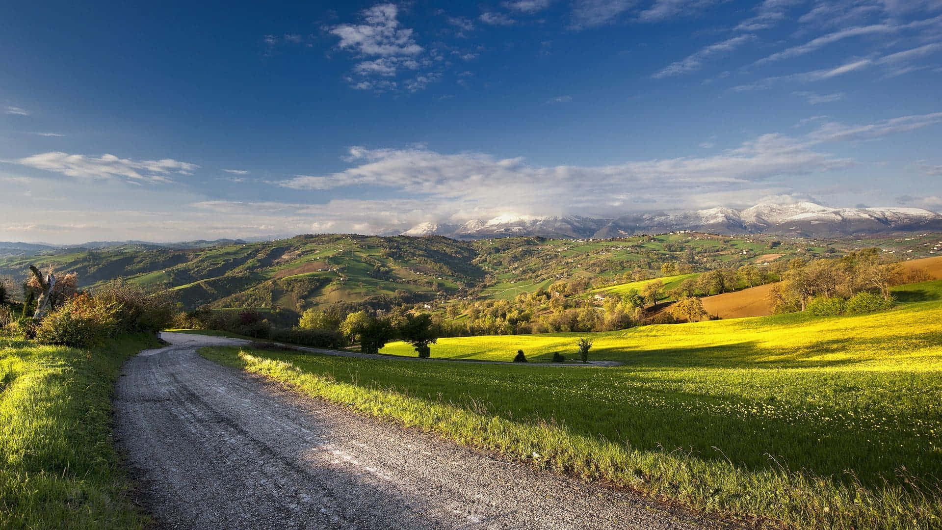 serene morning sunrise, rural landscape, winding gravel road, Full HD Desktop Wallpaper