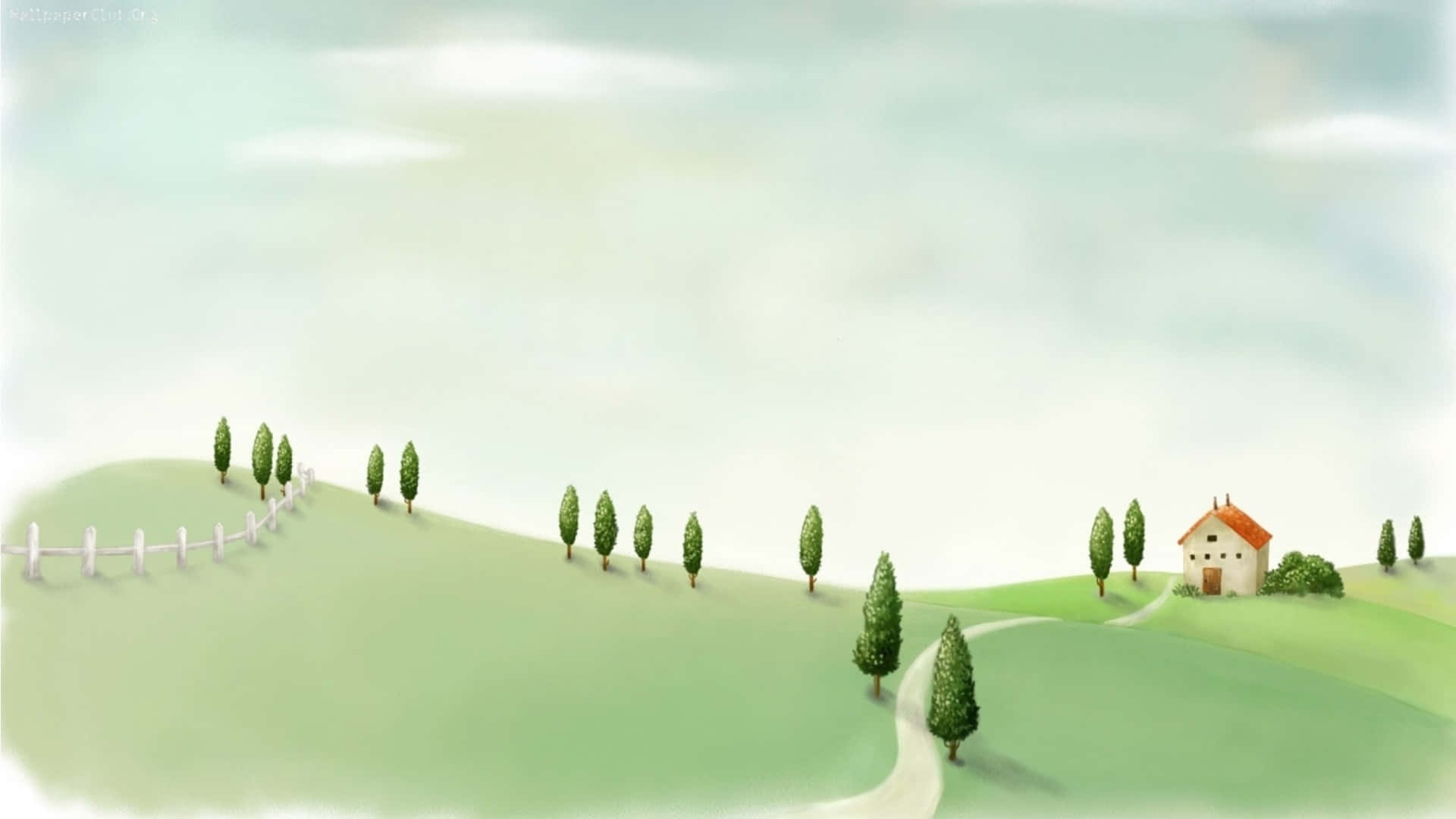 cartoon countryside road, pastel illustration, rolling green hills, Full HD Desktop Wallpaper
