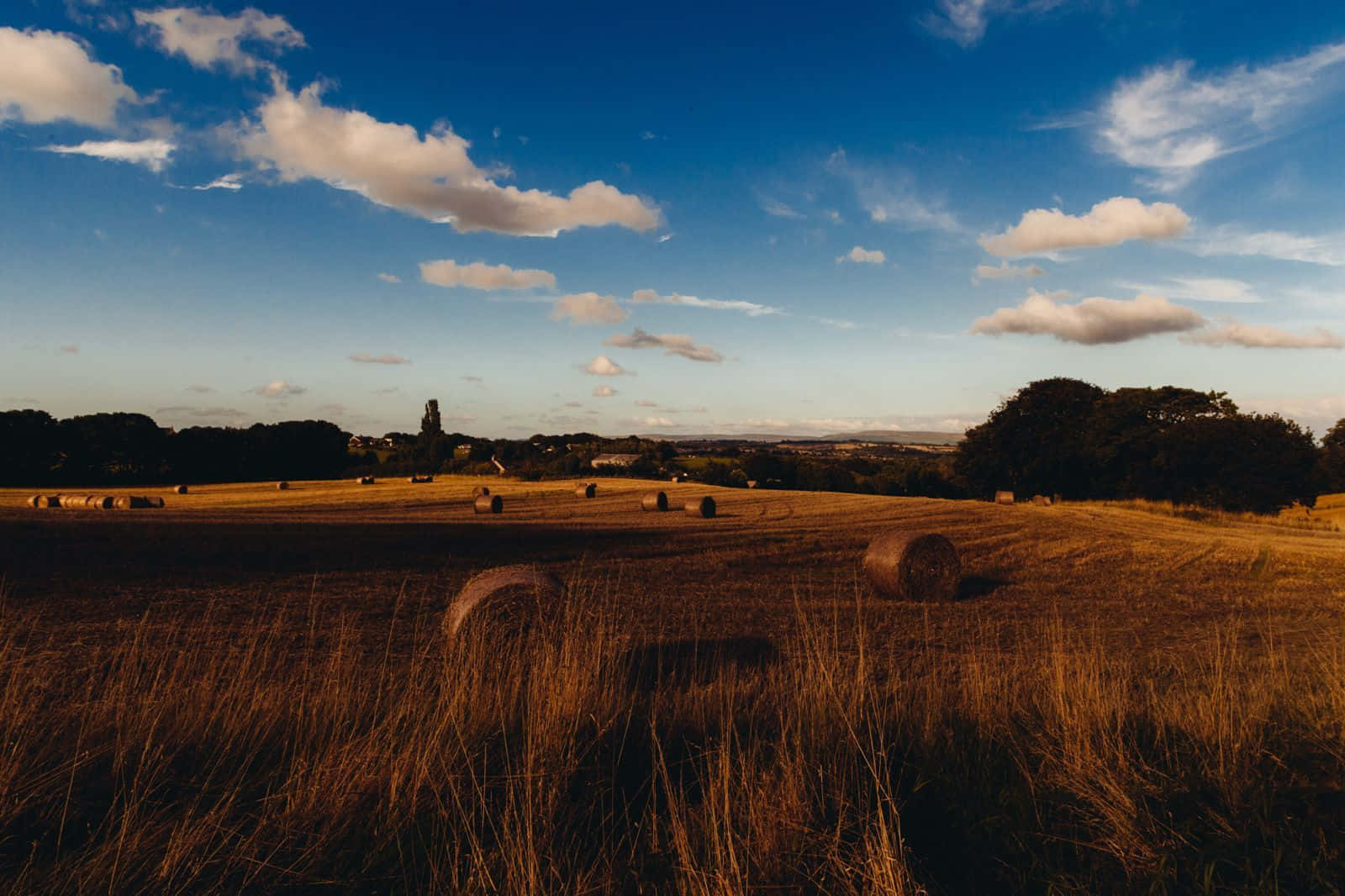dreamy sunset, rural countryside, golden hay bales, HD Desktop Wallpaper