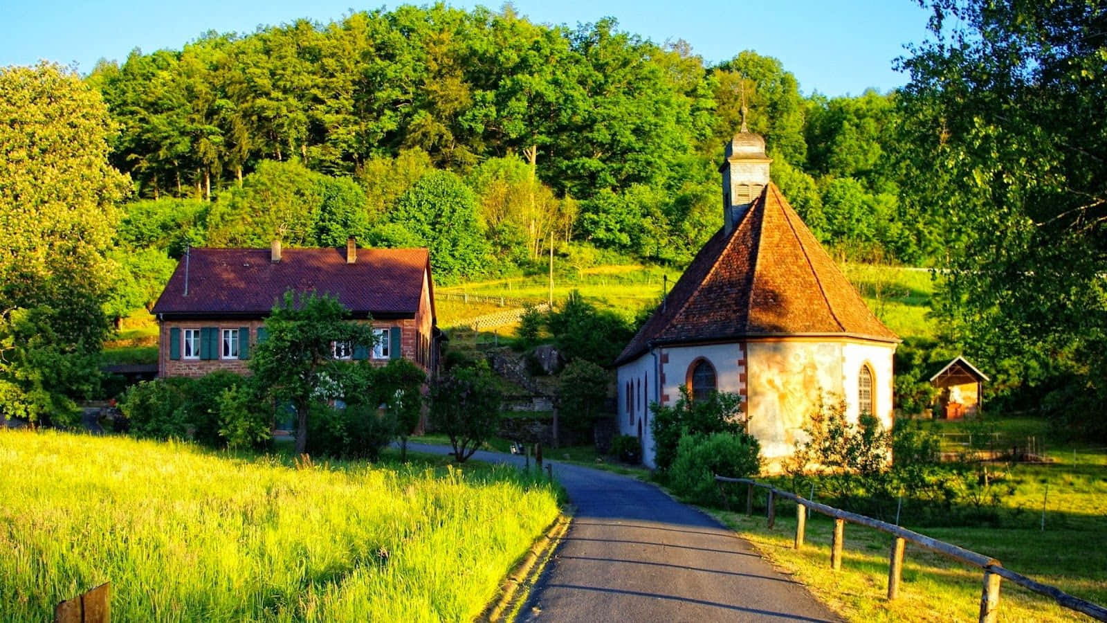 winding road, quaint stone chapel, farmhouse, HD Desktop Wallpaper