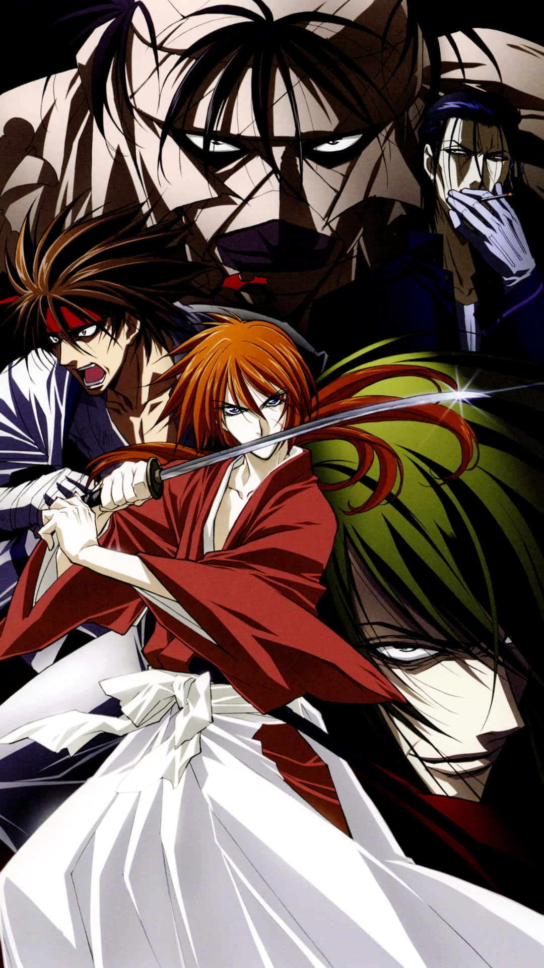 Rurouni Kenshin, red-robed swordsman, anime battle scene, Full HD Phone Wallpaper