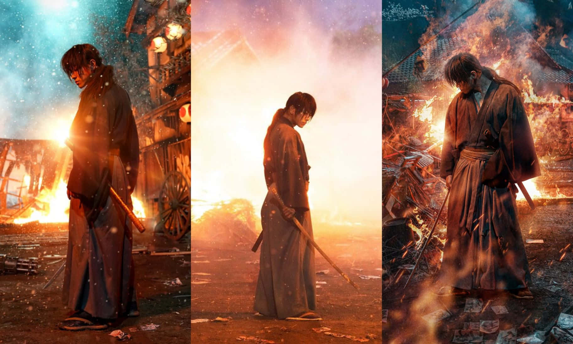 Rurouni Kenshin Movie, samurai warrior stance, burning ruins, HD Desktop Wallpaper