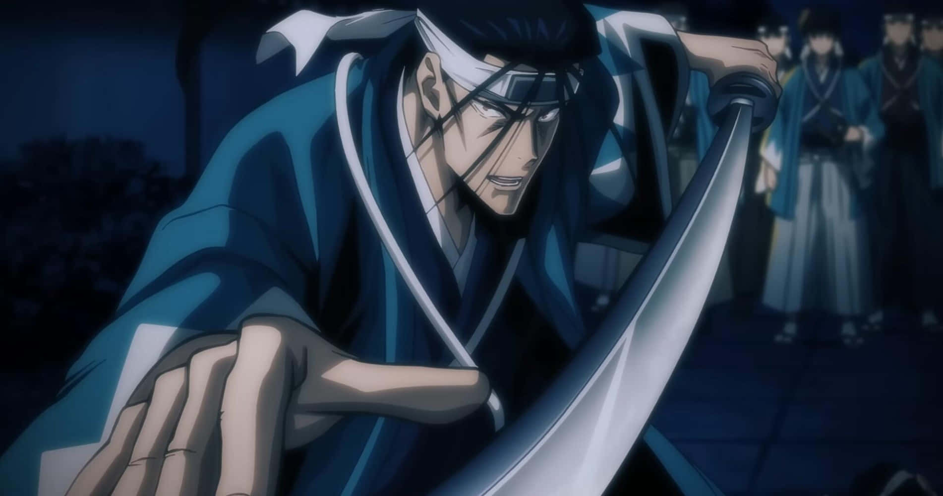 Saito Hajime, blue and white robes, curved blade, HD Desktop Wallpaper