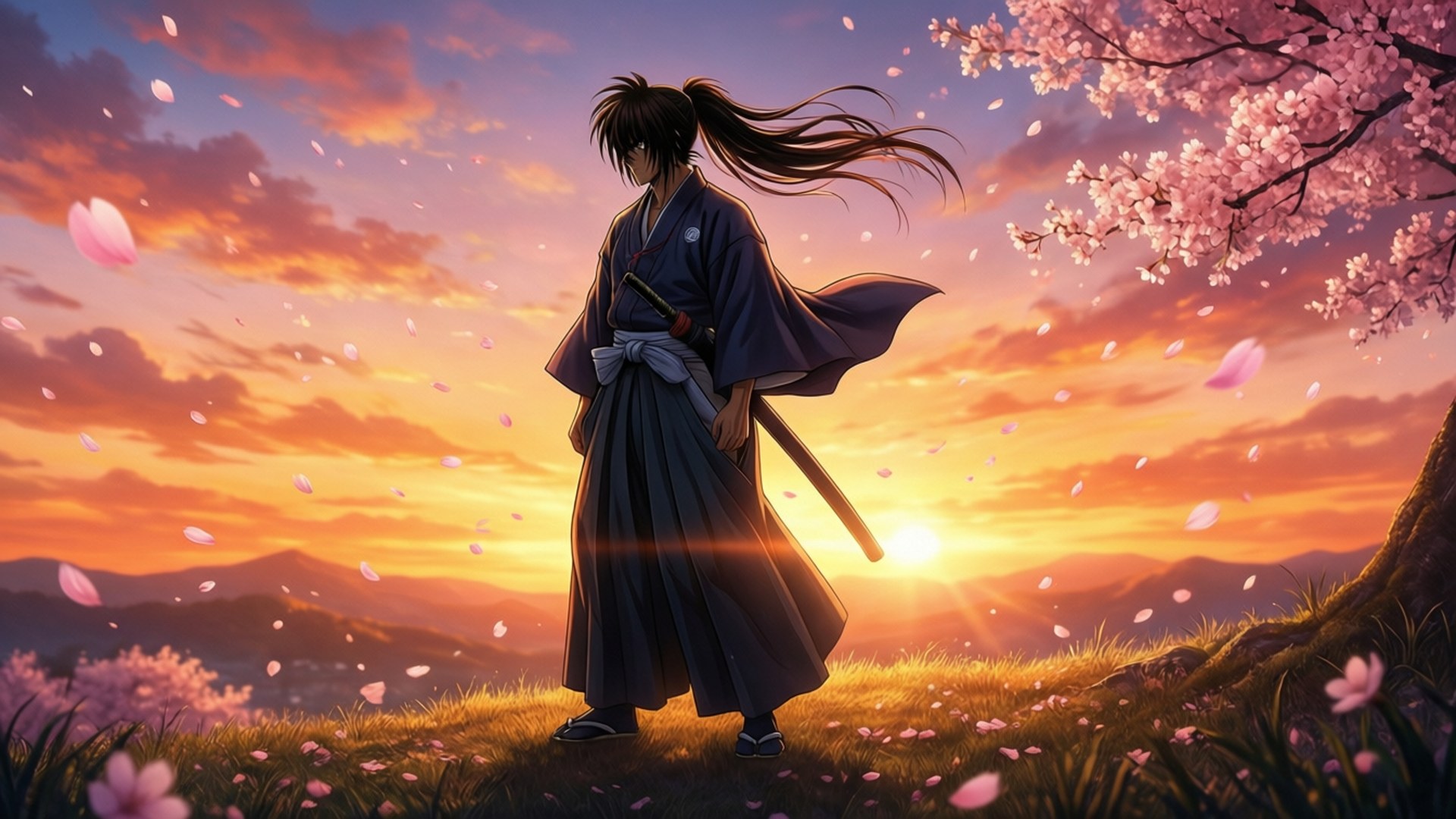 Kenshin, sunset, cherry blossoms, Full HD Desktop Wallpaper